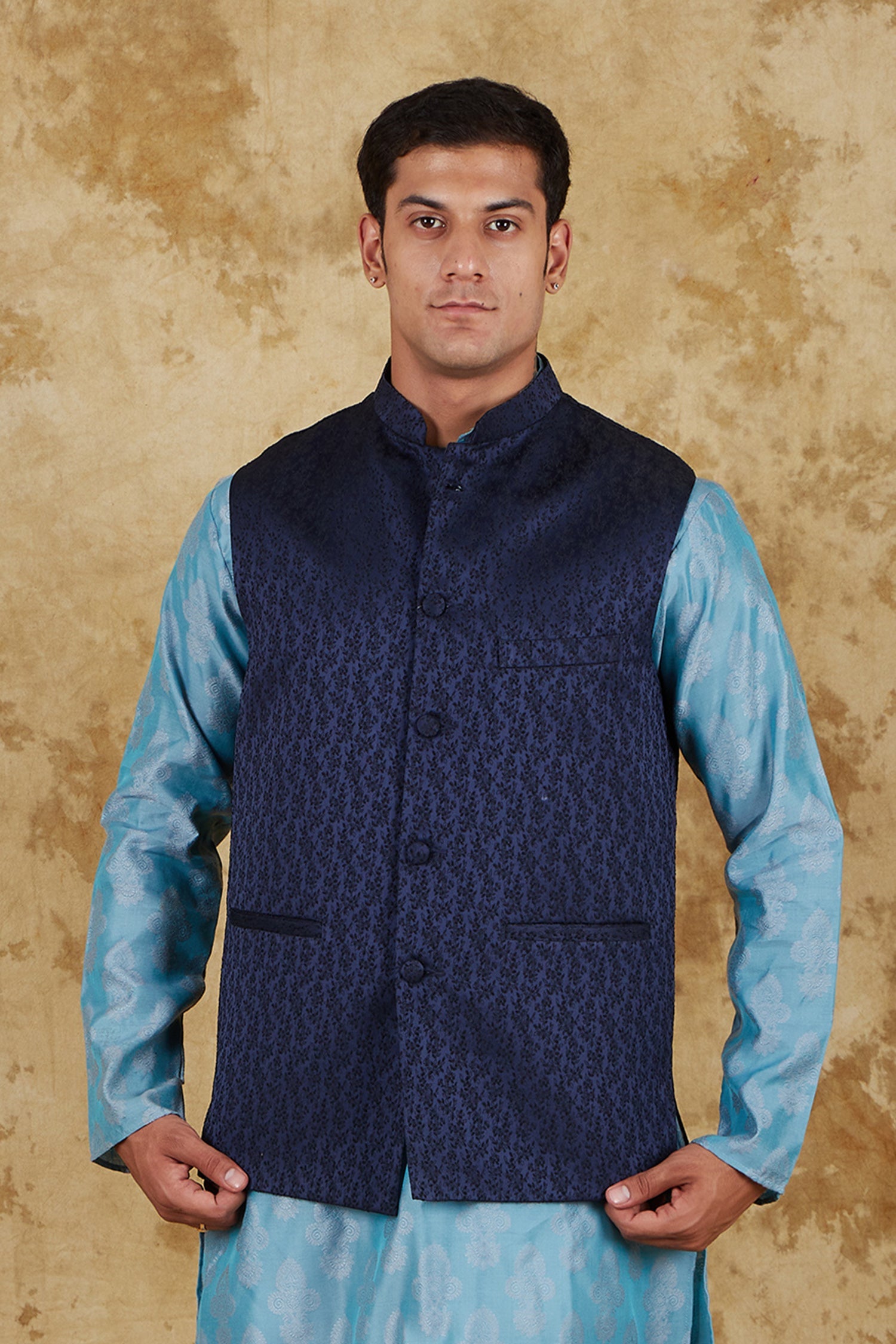 Bluesaanchi Men's Jacquard Blue Waistcoat | Swadesiicart