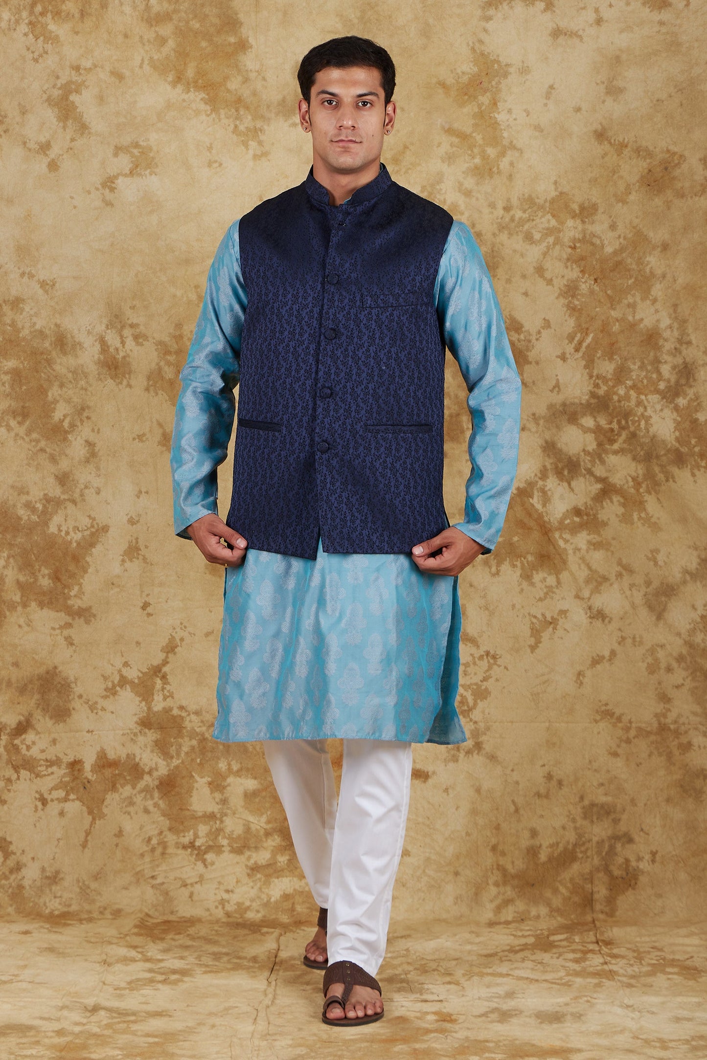 Bluesaanchi Men's Jacquard Blue Waistcoat Kurta Pajama Set | Swadesiicart