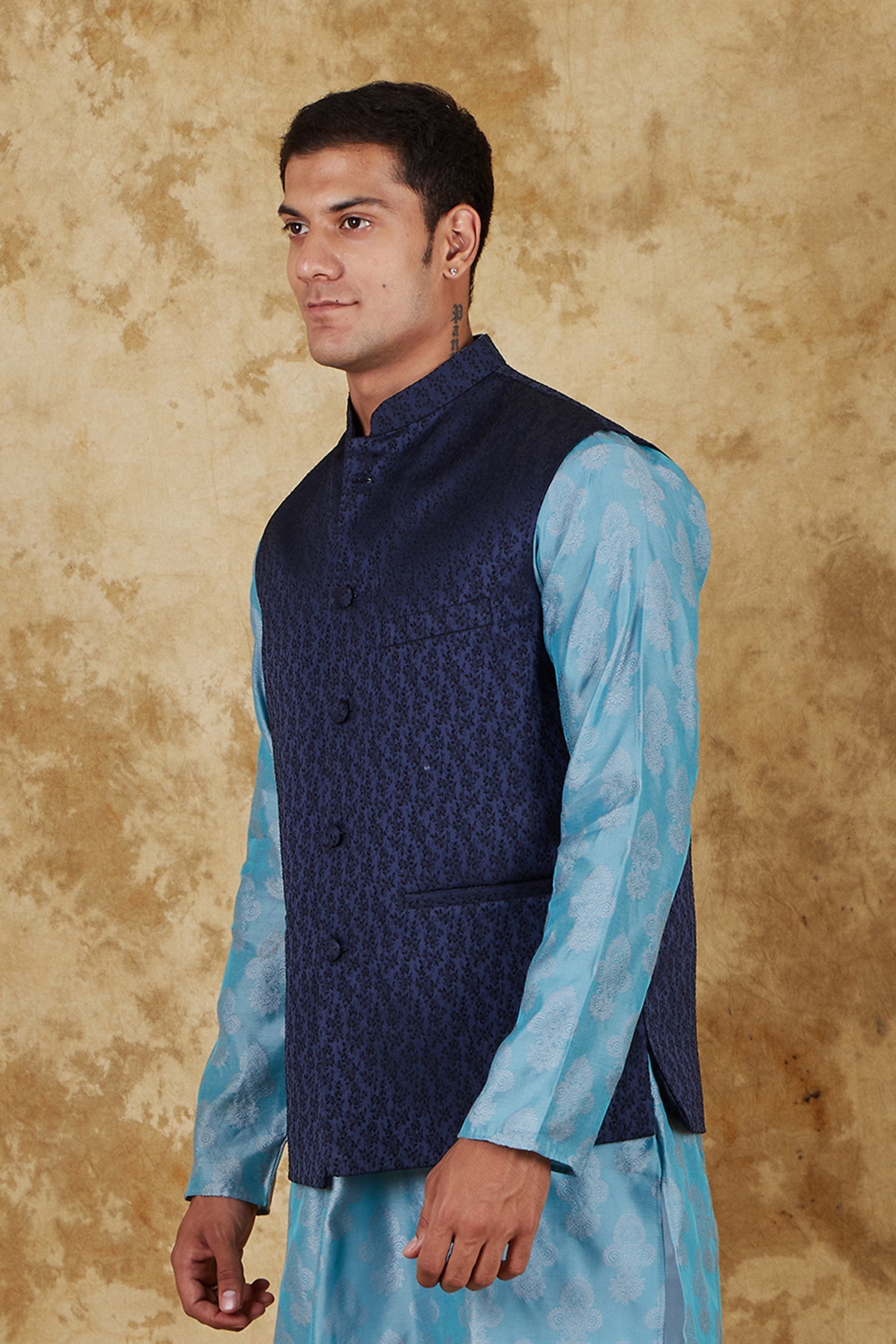 Bluesaanchi Men's Jacquard Blue Waistcoat | Swadesiicart