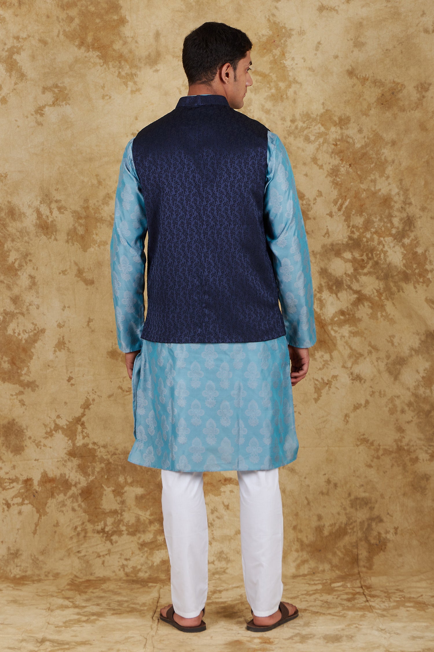 Bluesaanchi Men's Jacquard Blue Waistcoat Kurta Pajama Set | Swadesiicart