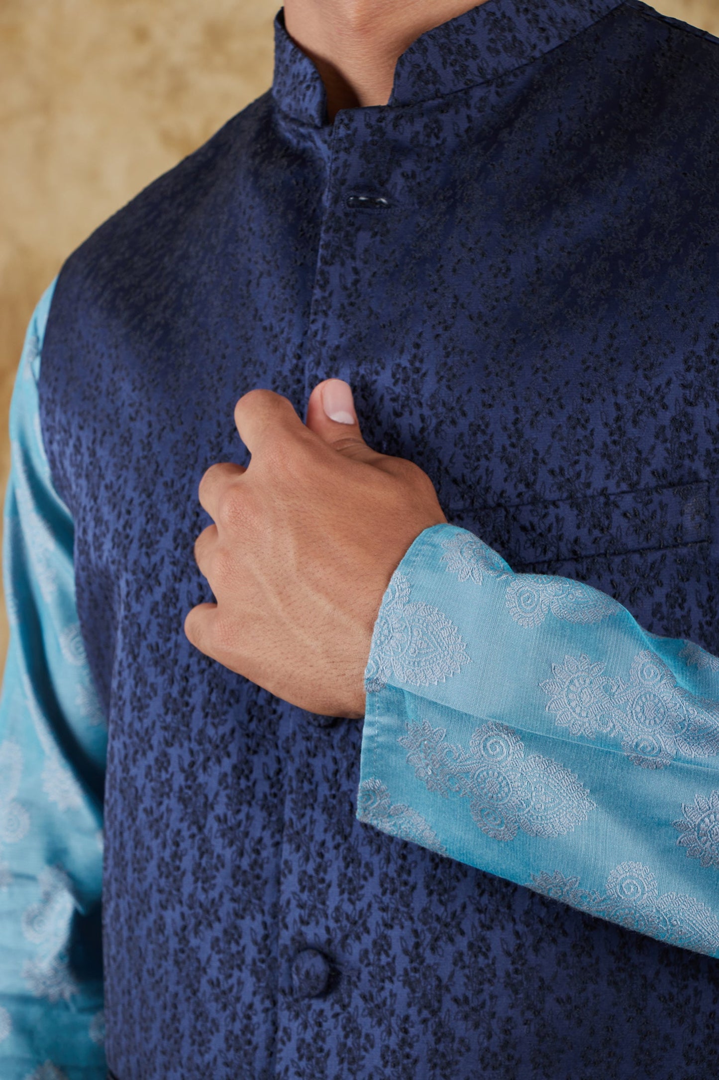 Bluesaanchi Men's Jacquard Blue Waistcoat Kurta Pajama Set | Swadesiicart