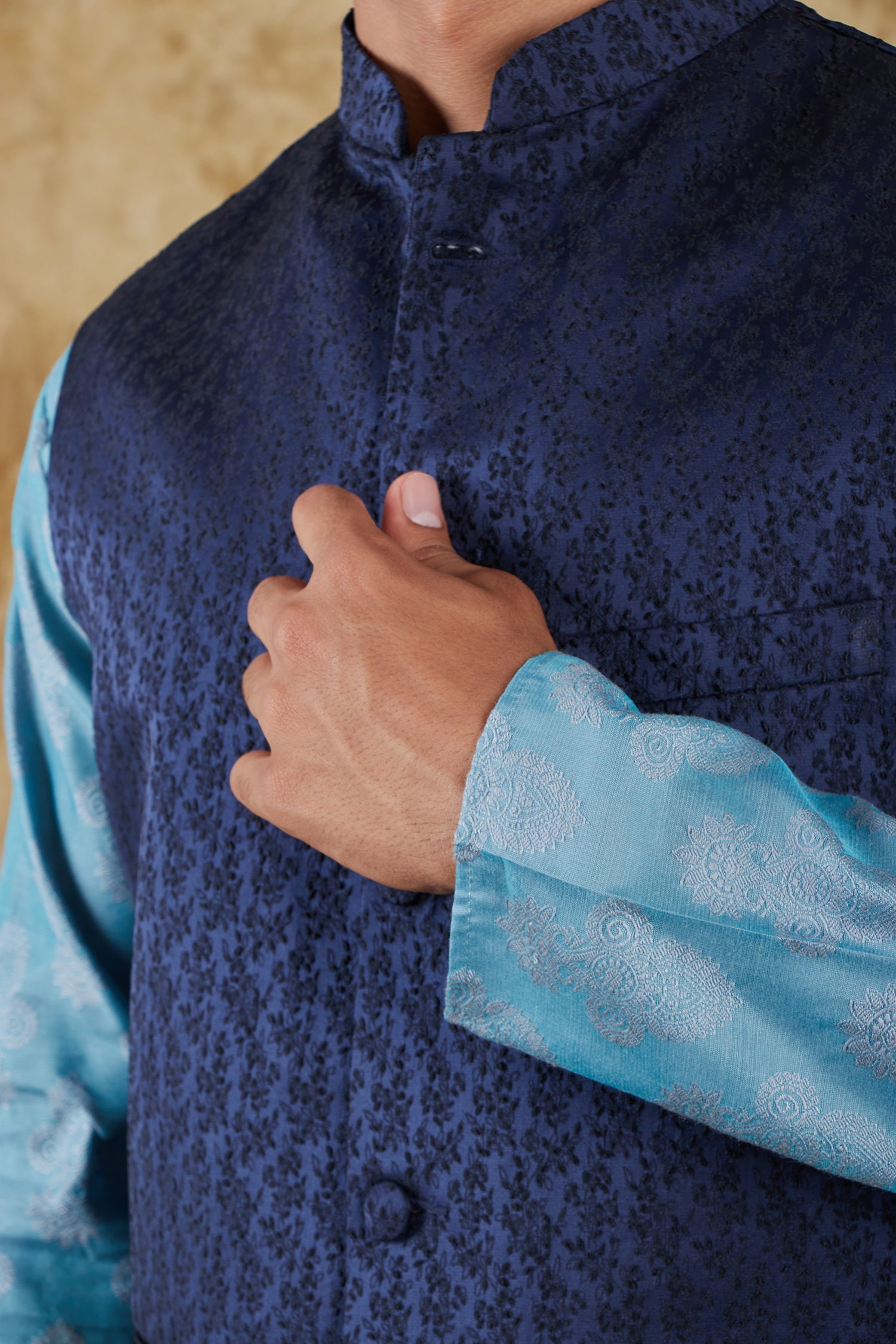 Bluesaanchi Men's Jacquard Blue Waistcoat Kurta Pajama Set | Swadesiicart