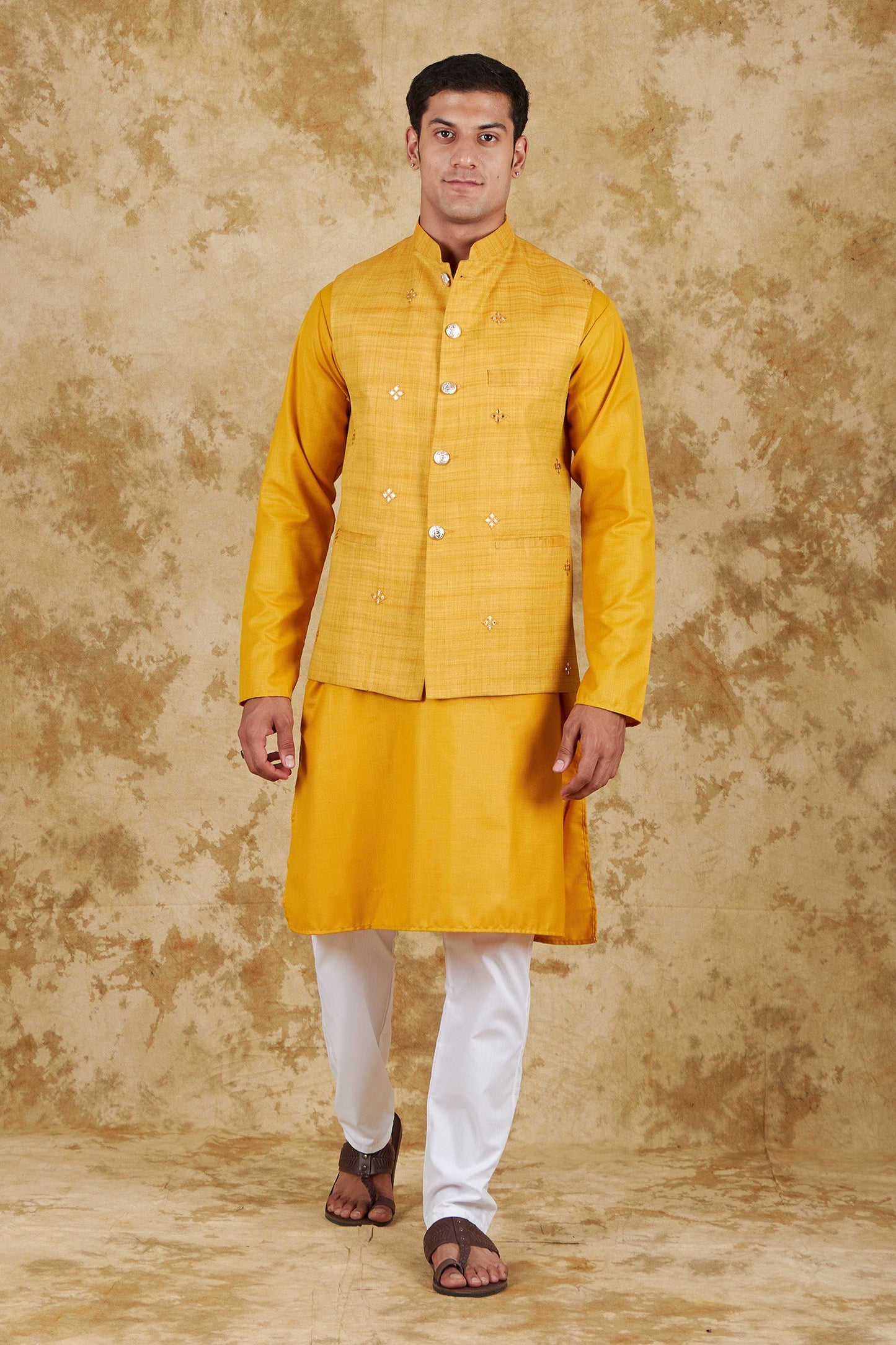 Bluesaanchi Men's Yellow Waistcoat Kurta Pajama Set | Swadesiicart