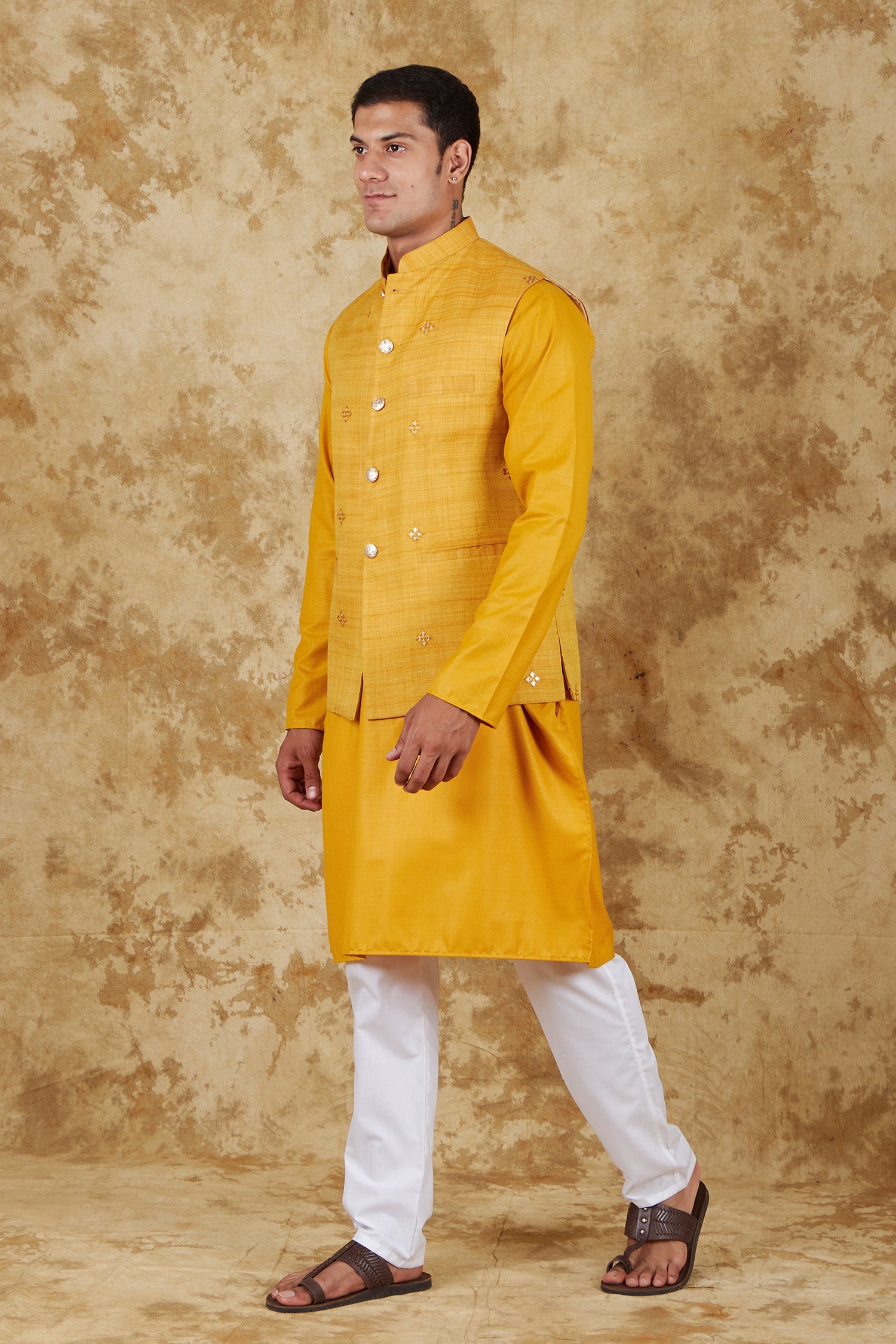 Bluesaanchi Men's Yellow Waistcoat Kurta Pajama Set | Swadesiicart