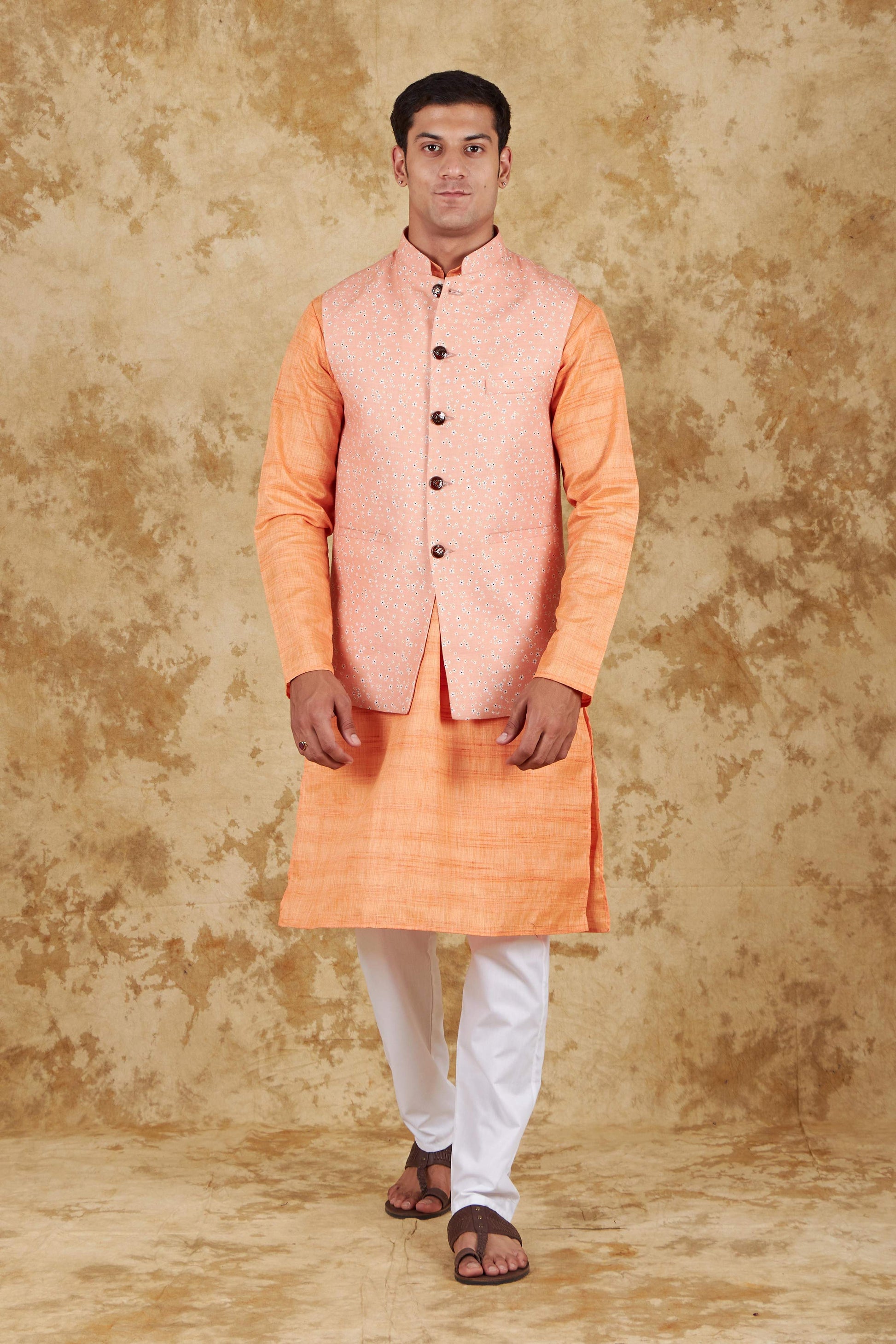 Bluesaanchi Men's Atomic Tangerine Waistcoat Kurta Pajama Set | Swadesiicart