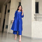 trueBrowns Blue Textured Silk Puff Sleeve Kurta Pant Set | Swadesiicart