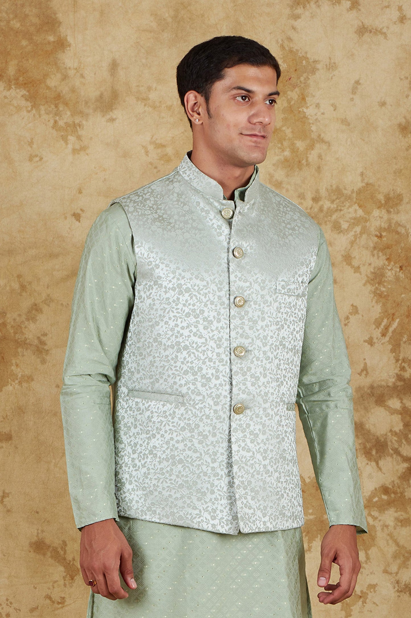 Bluesaanchi Men's Jacquard Celadon Green Waistcoat | Swadesiicart