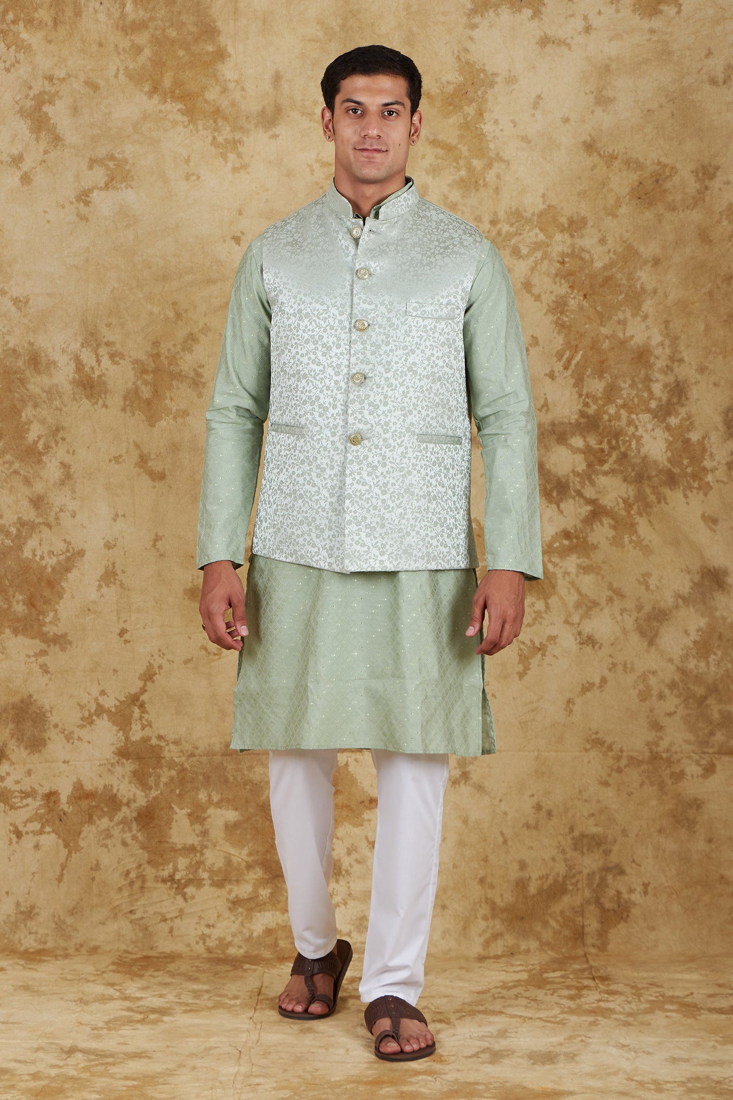 Bluesaanchi Men's Jacquard Celadon Green Waistcoat Kurta Pajama Set | Swadesiicart