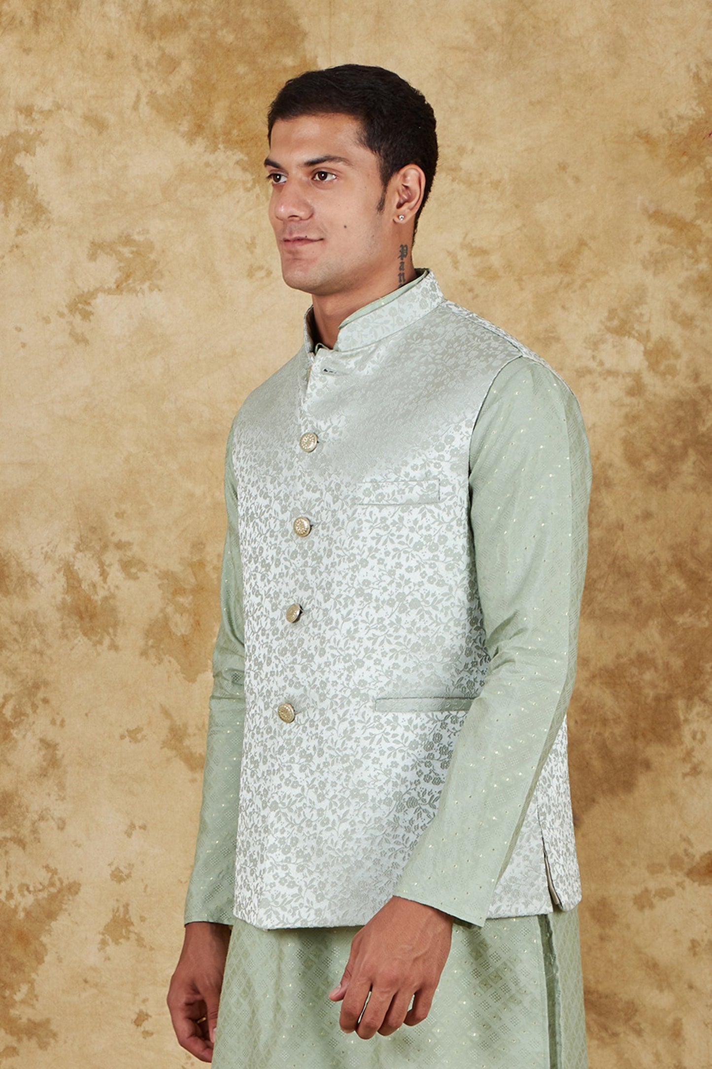 Bluesaanchi Men's Jacquard Celadon Green Waistcoat | Swadesiicart