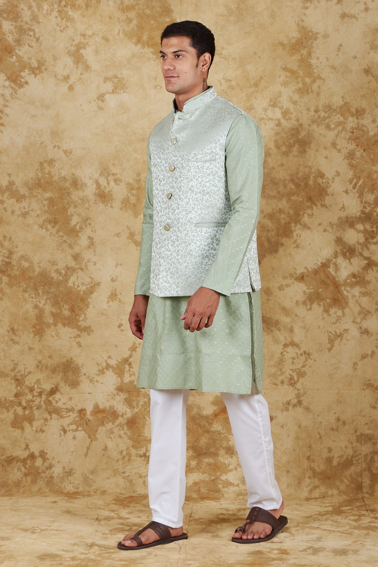 Bluesaanchi Men's Jacquard Celadon Green Waistcoat Kurta Pajama Set | Swadesiicart