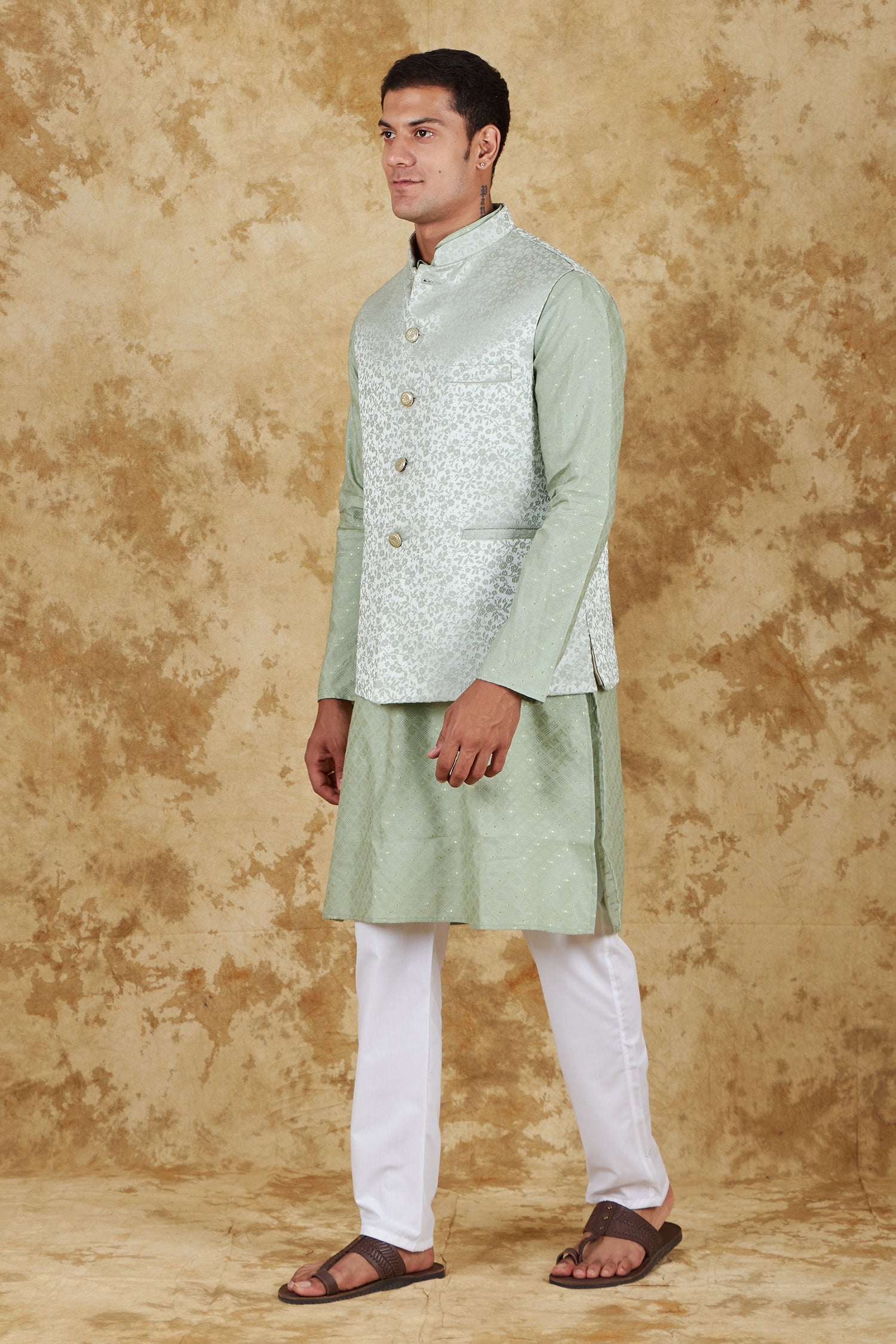 Bluesaanchi Men's Jacquard Celadon Green Waistcoat Kurta Pajama Set | Swadesiicart