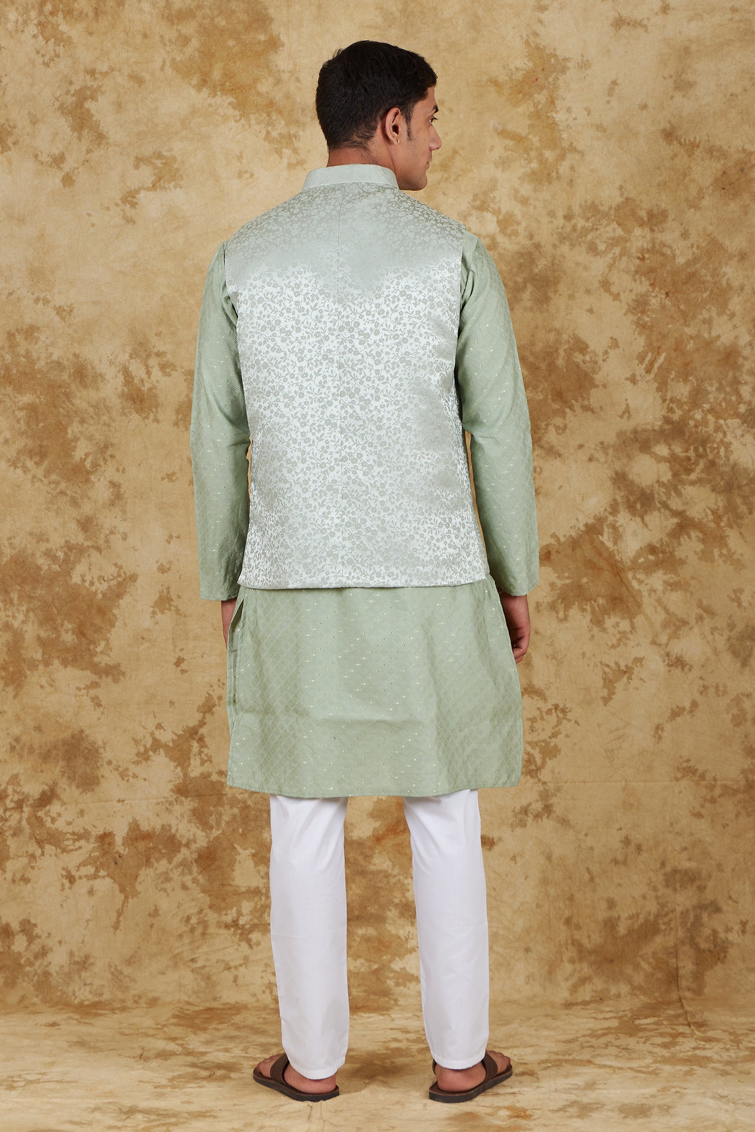 Bluesaanchi Men's Jacquard Celadon Green Waistcoat Kurta Pajama Set | Swadesiicart