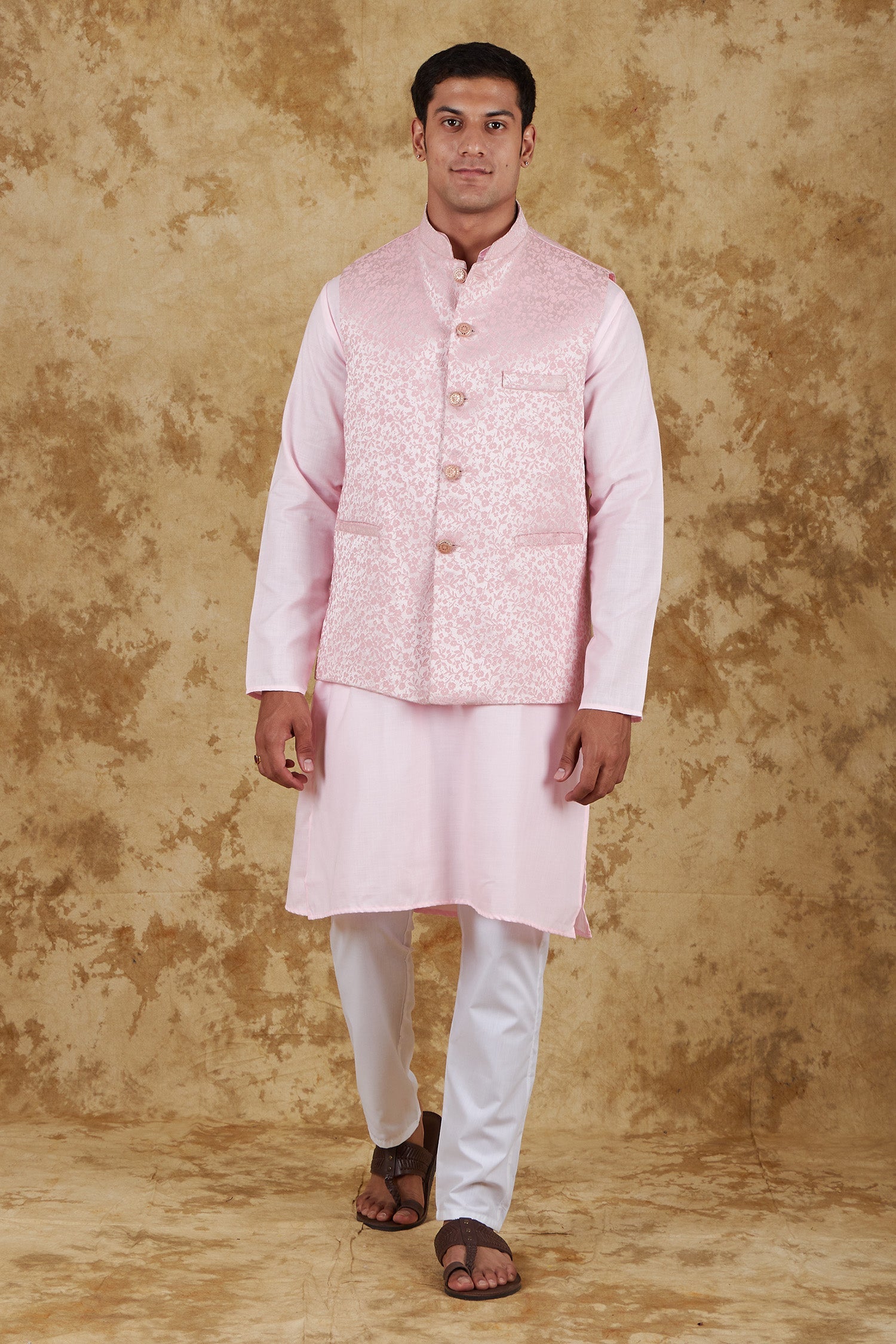 Bluesaanchi Men's Jacquard Misty Rose Waistcoat Kurta Pajama Set | Swadesiicart
