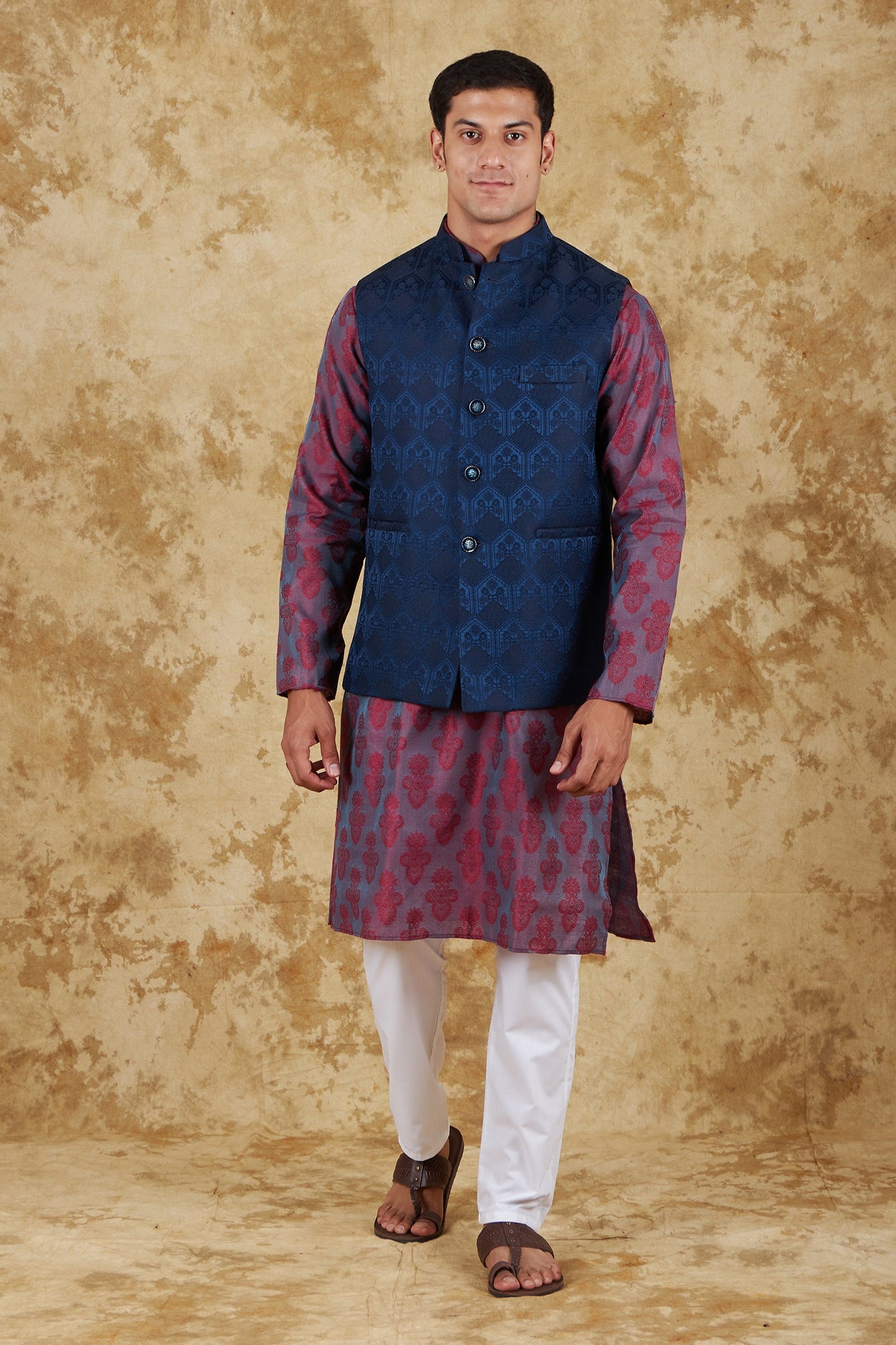 Bluesaanchi Men's Jacquard Rose Red With White Waistcoat Kurta Pajama Set | Swadesiicart