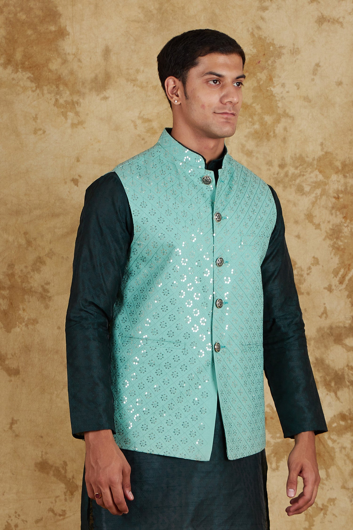 Bluesaanchi Men's Jacquard Mint Green Waistcoat | Swadesiicart