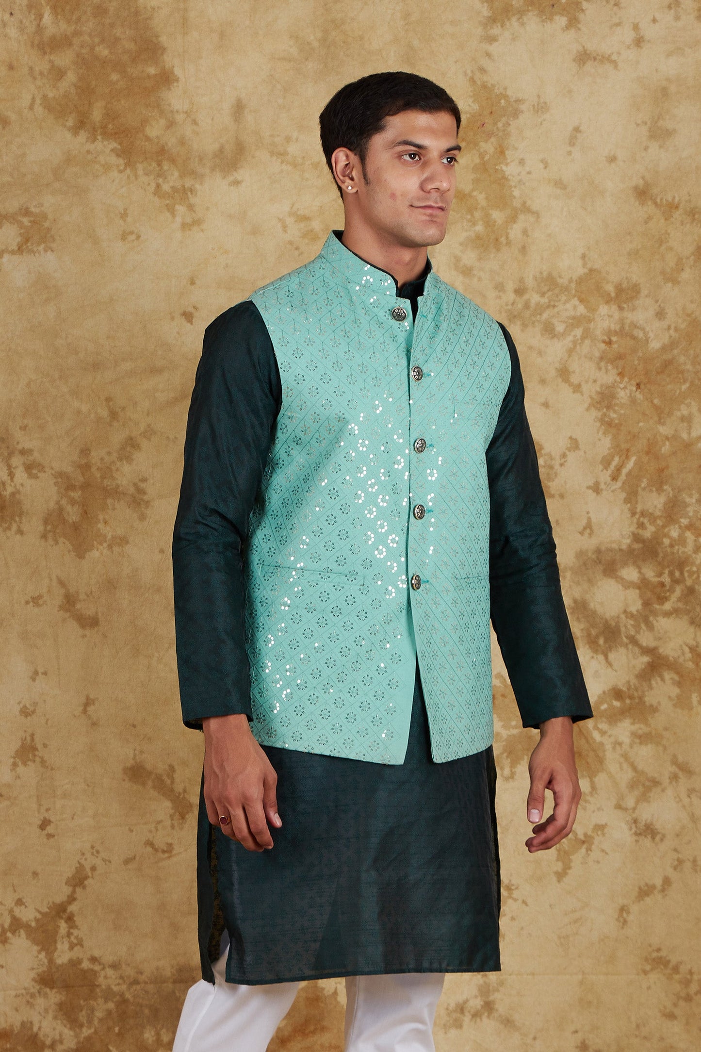 Bluesaanchi Men's Jacquard Mint Green Waistcoat Kurta Pajama Set | Swadesiicart