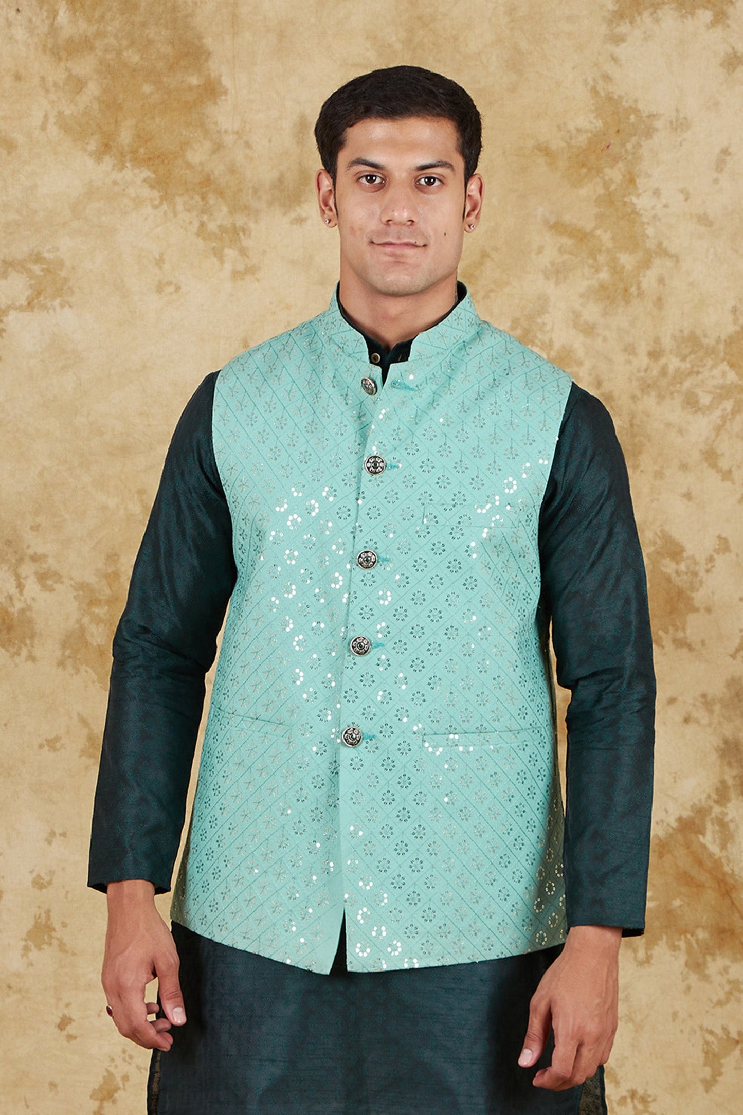 Bluesaanchi Men's Jacquard Mint Green Waistcoat | Swadesiicart