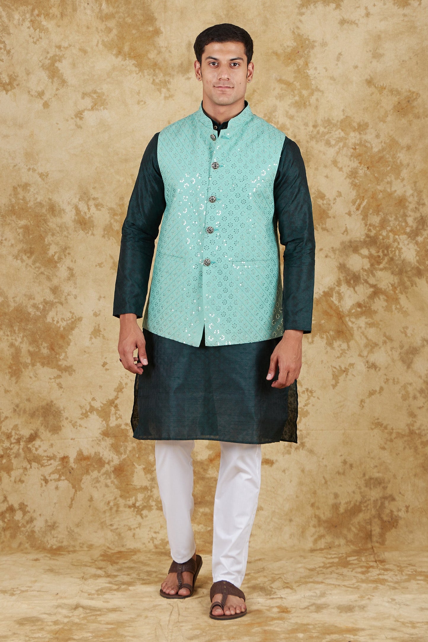 Bluesaanchi Men's Jacquard Mint Green Waistcoat Kurta Pajama Set | Swadesiicart
