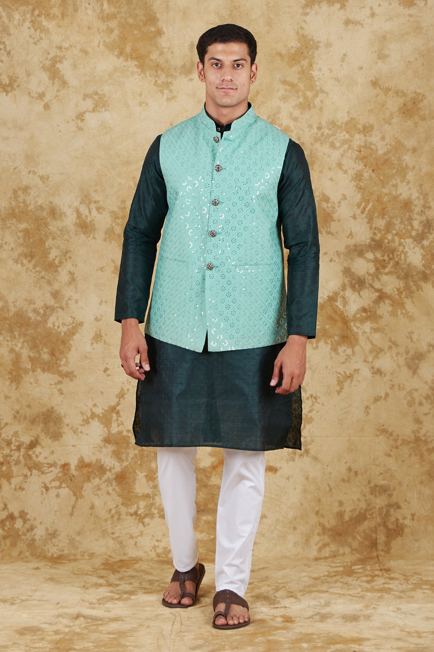 Bluesaanchi Men's Jacquard Mint Green Waistcoat Kurta Pajama Set | Swadesiicart