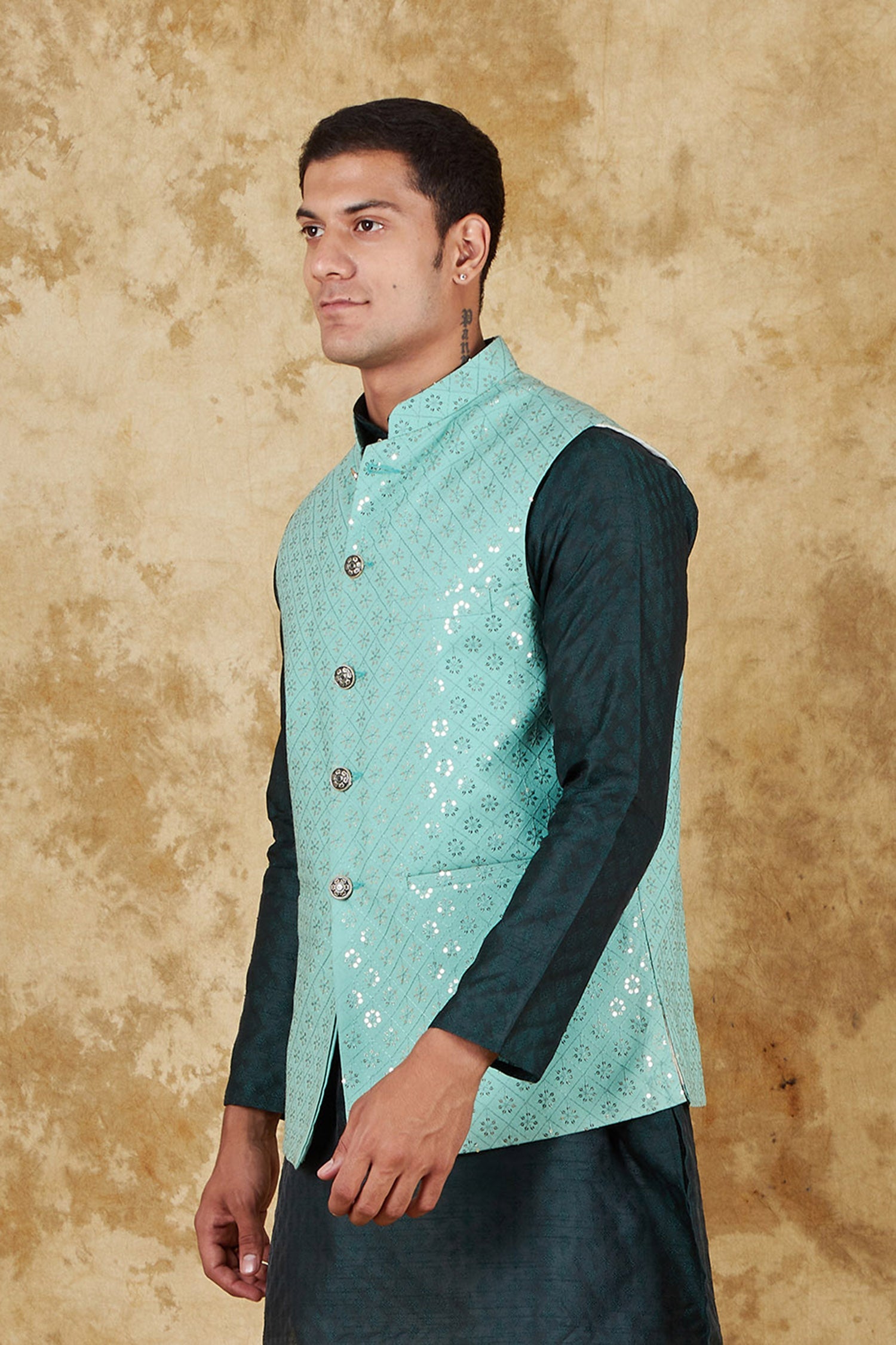 Bluesaanchi Men's Jacquard Mint Green Waistcoat | Swadesiicart
