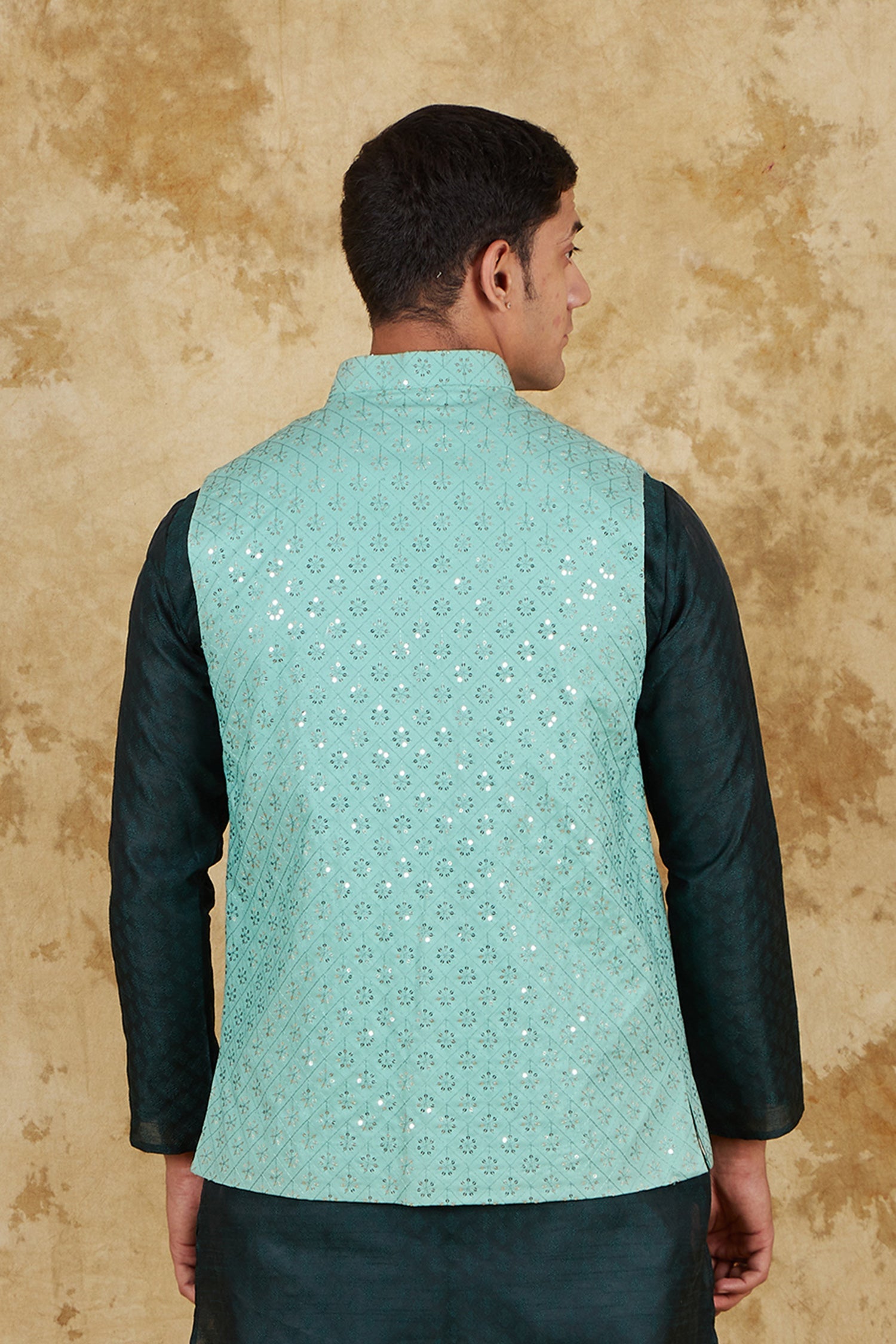 Bluesaanchi Men's Jacquard Mint Green Waistcoat | Swadesiicart