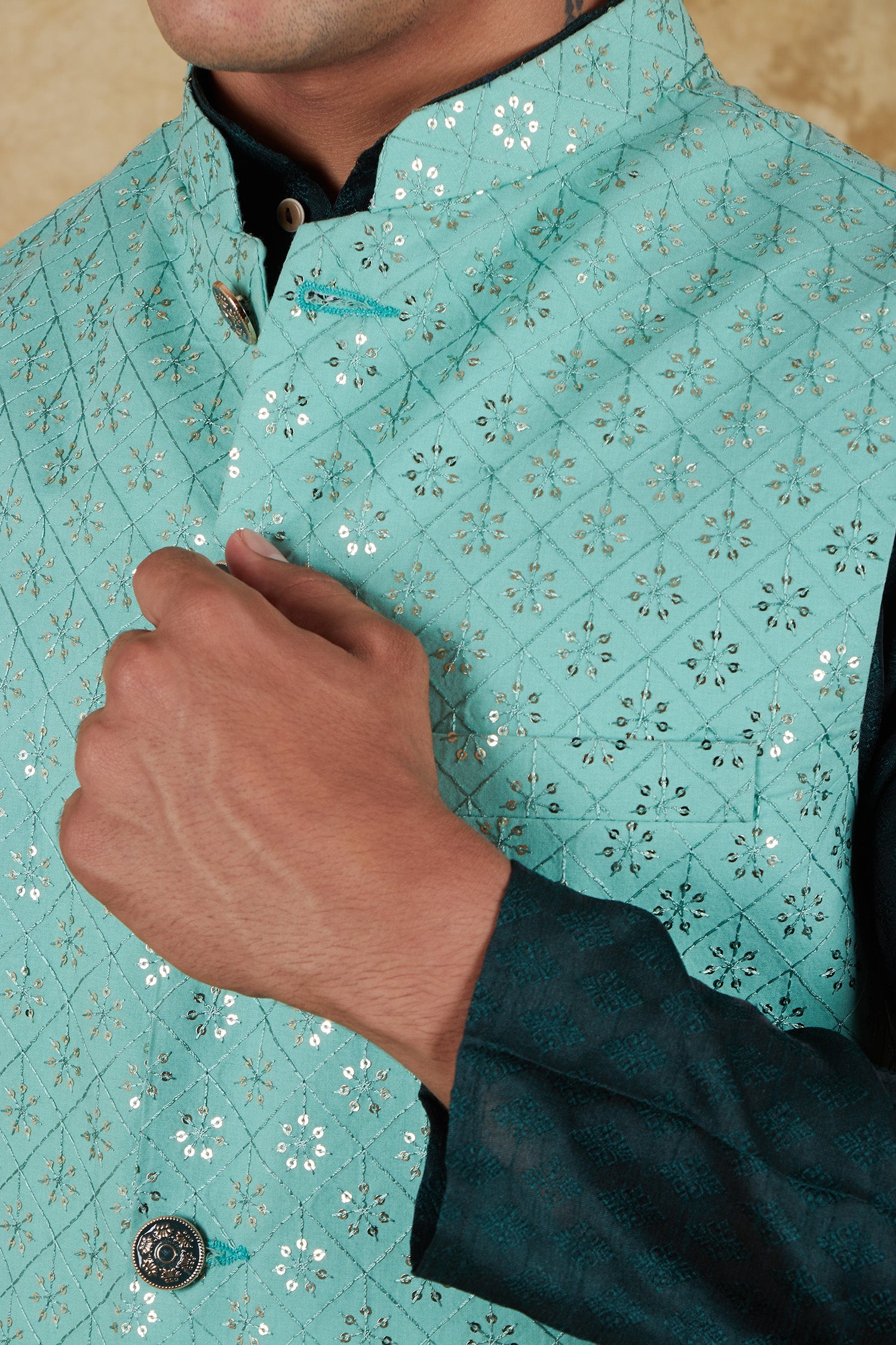 Bluesaanchi Men's Jacquard Mint Green Waistcoat Kurta Pajama Set | Swadesiicart