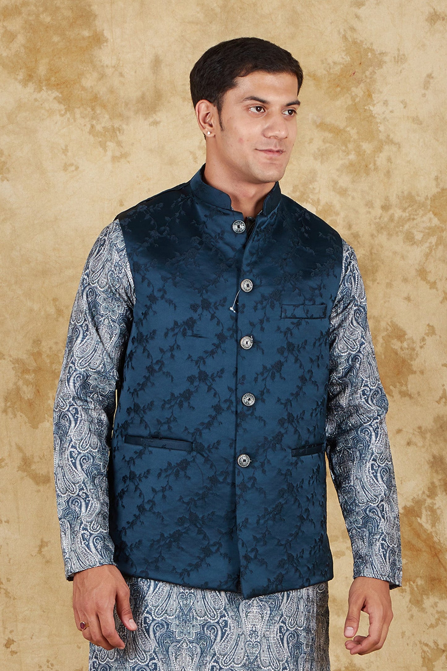 Bluesaanchi Men's Jacquard Indigo Dye Waistcoat | Swadesiicart