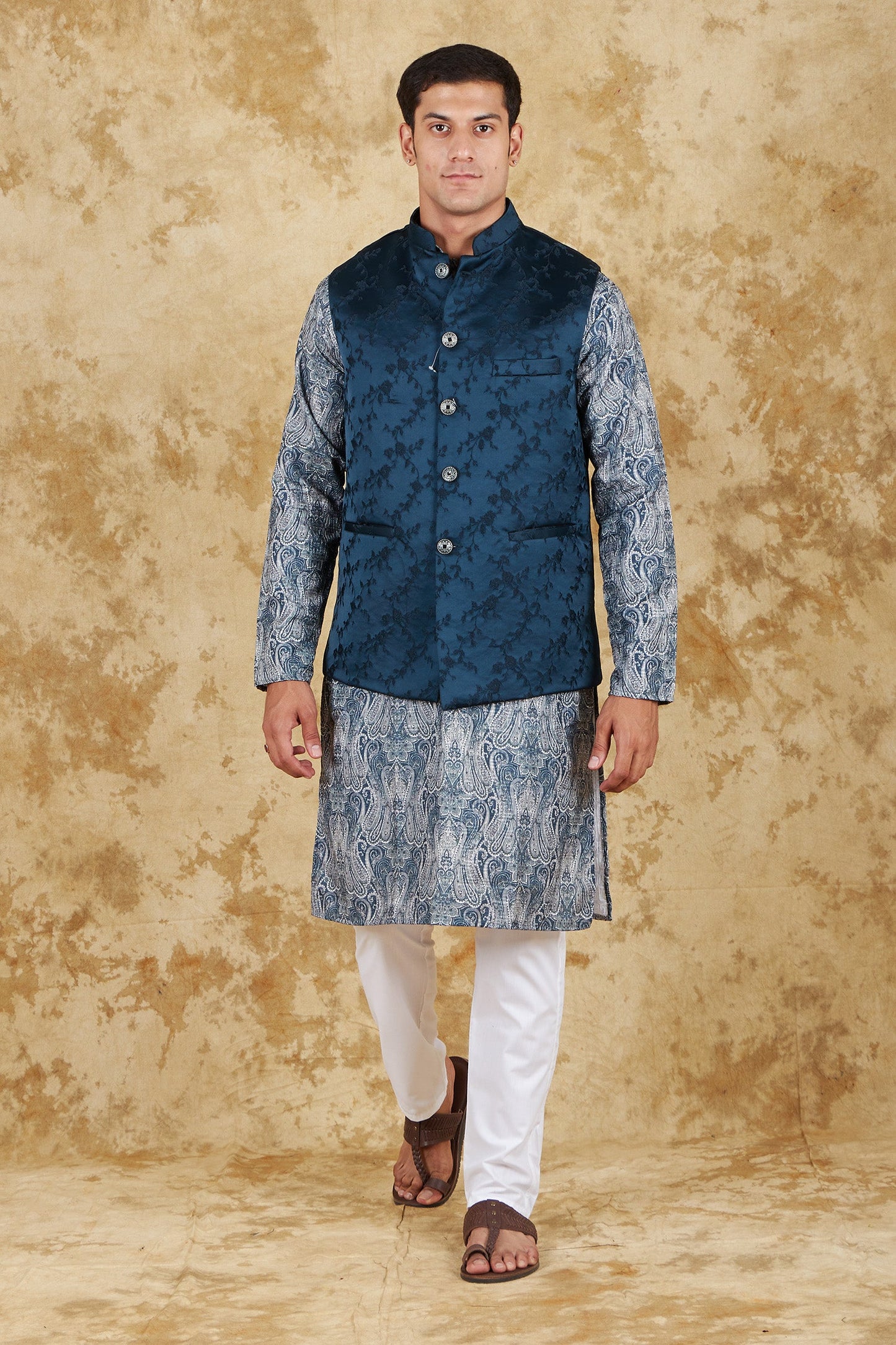 Bluesaanchi Men's Jacquard Indigo Dye Waistcoat Kurta Pajama Set | Swadesiicart