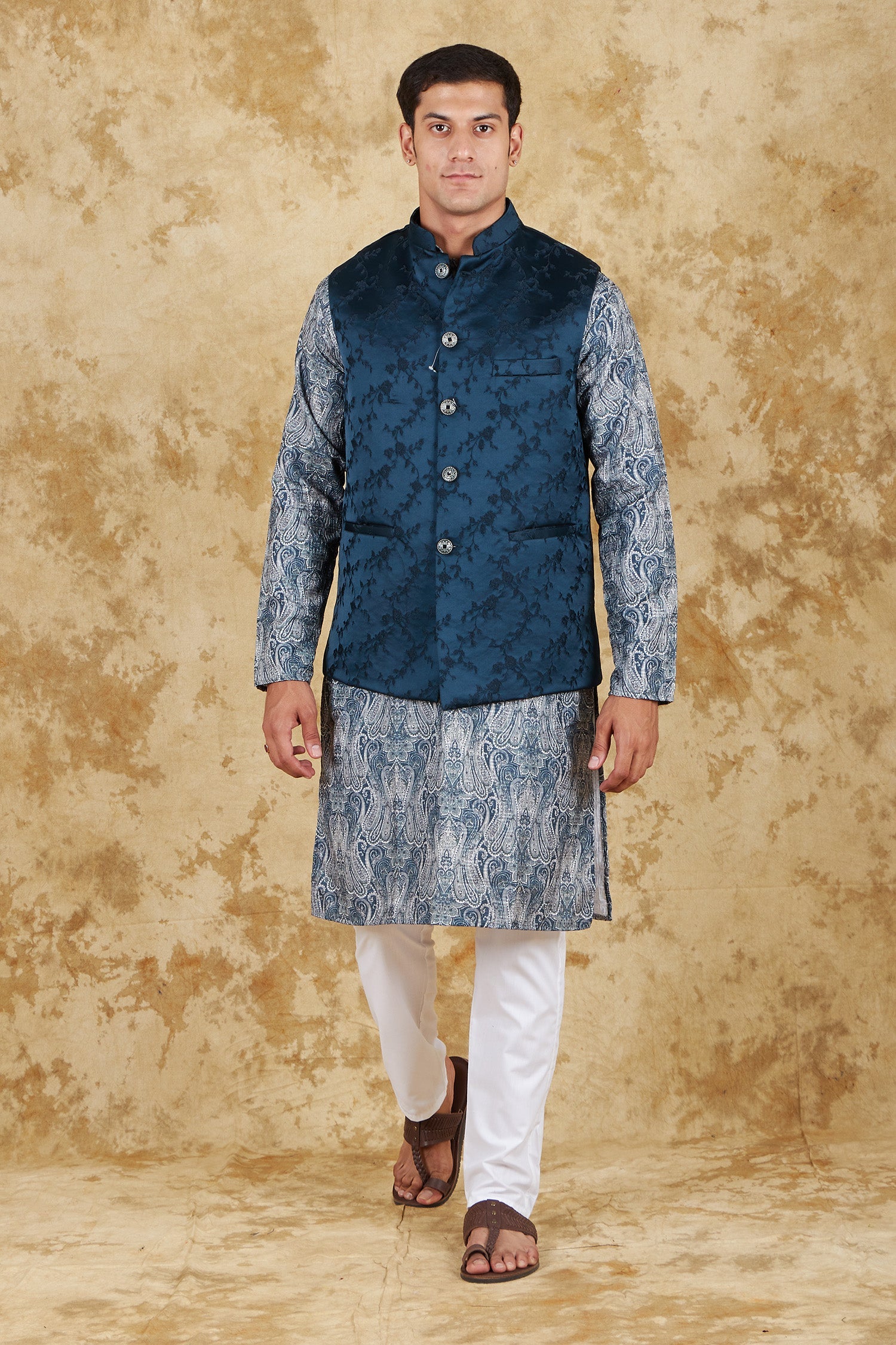 Bluesaanchi Men's Jacquard Indigo Dye Waistcoat Kurta Pajama Set | Swadesiicart