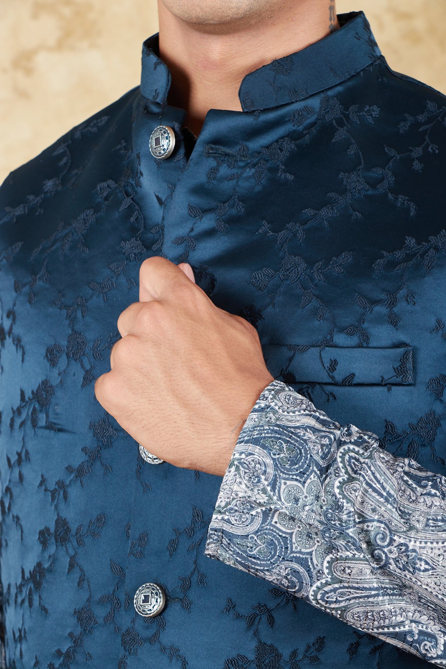 Bluesaanchi Men's Jacquard Indigo Dye Waistcoat Kurta Pajama Set | Swadesiicart