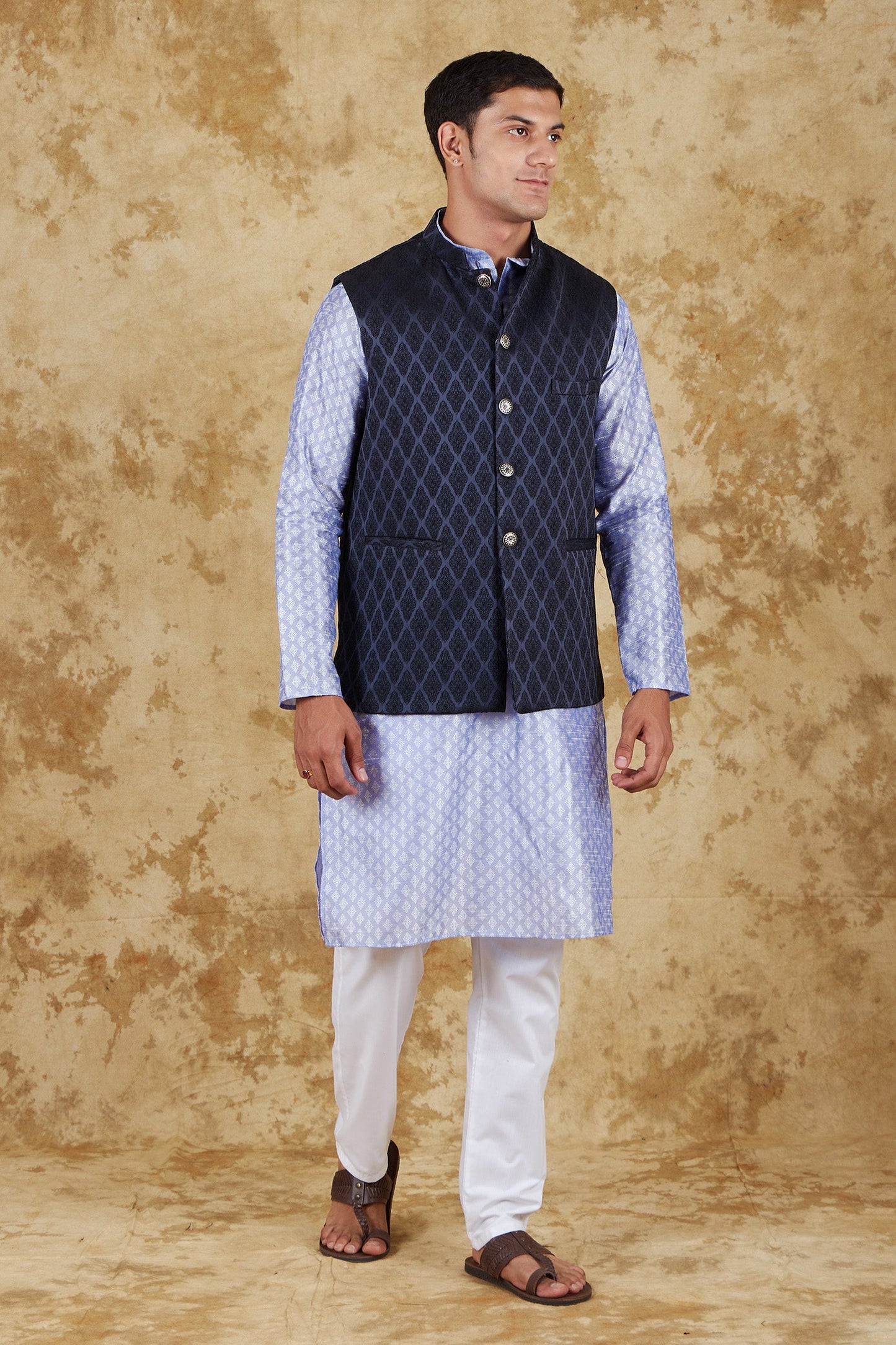 Bluesaanchi Men's Jacquard Prussian Blue Waistcoat Kurta Pajama Set | Swadesiicart