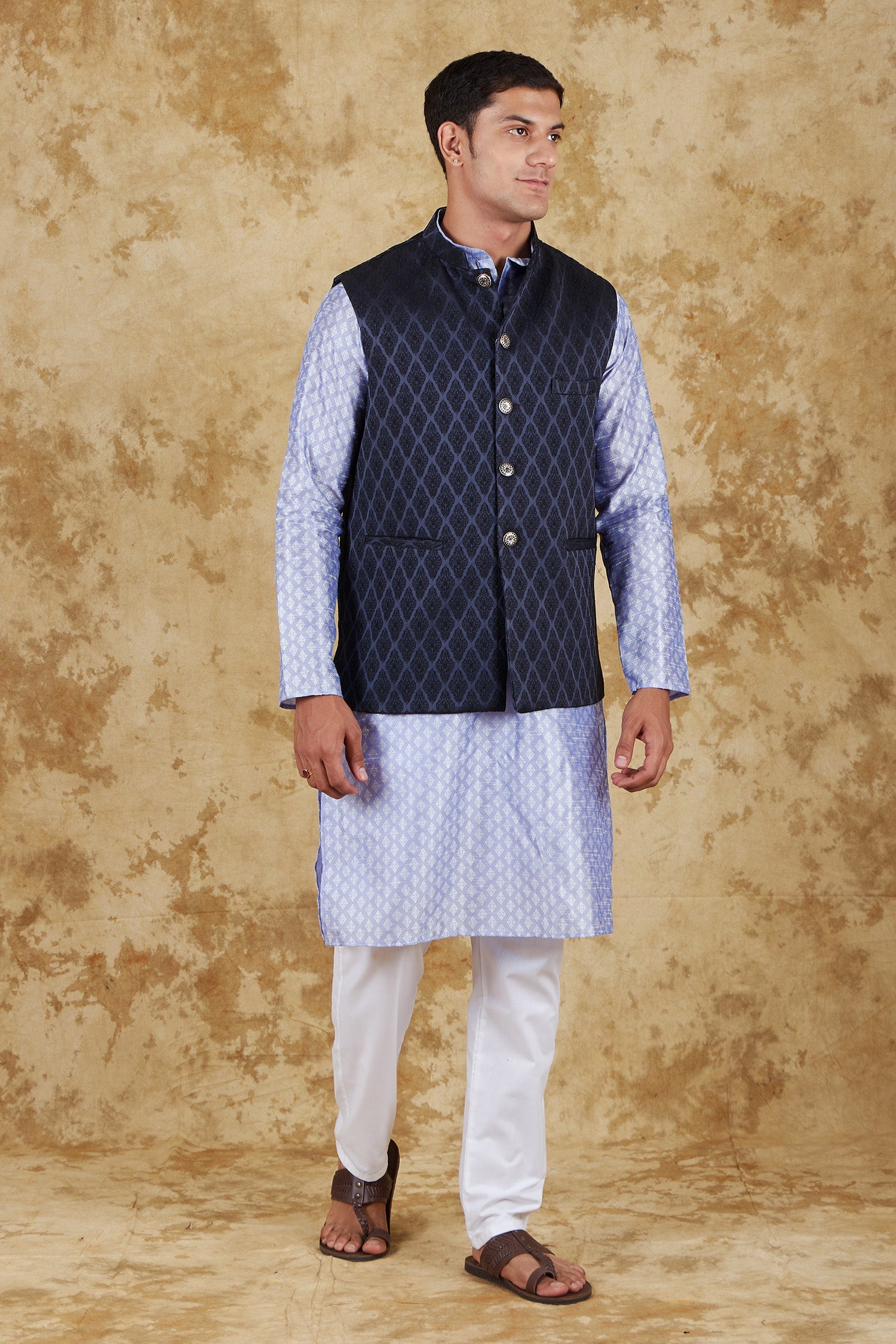 Bluesaanchi Men's Jacquard Prussian Blue Waistcoat Kurta Pajama Set | Swadesiicart