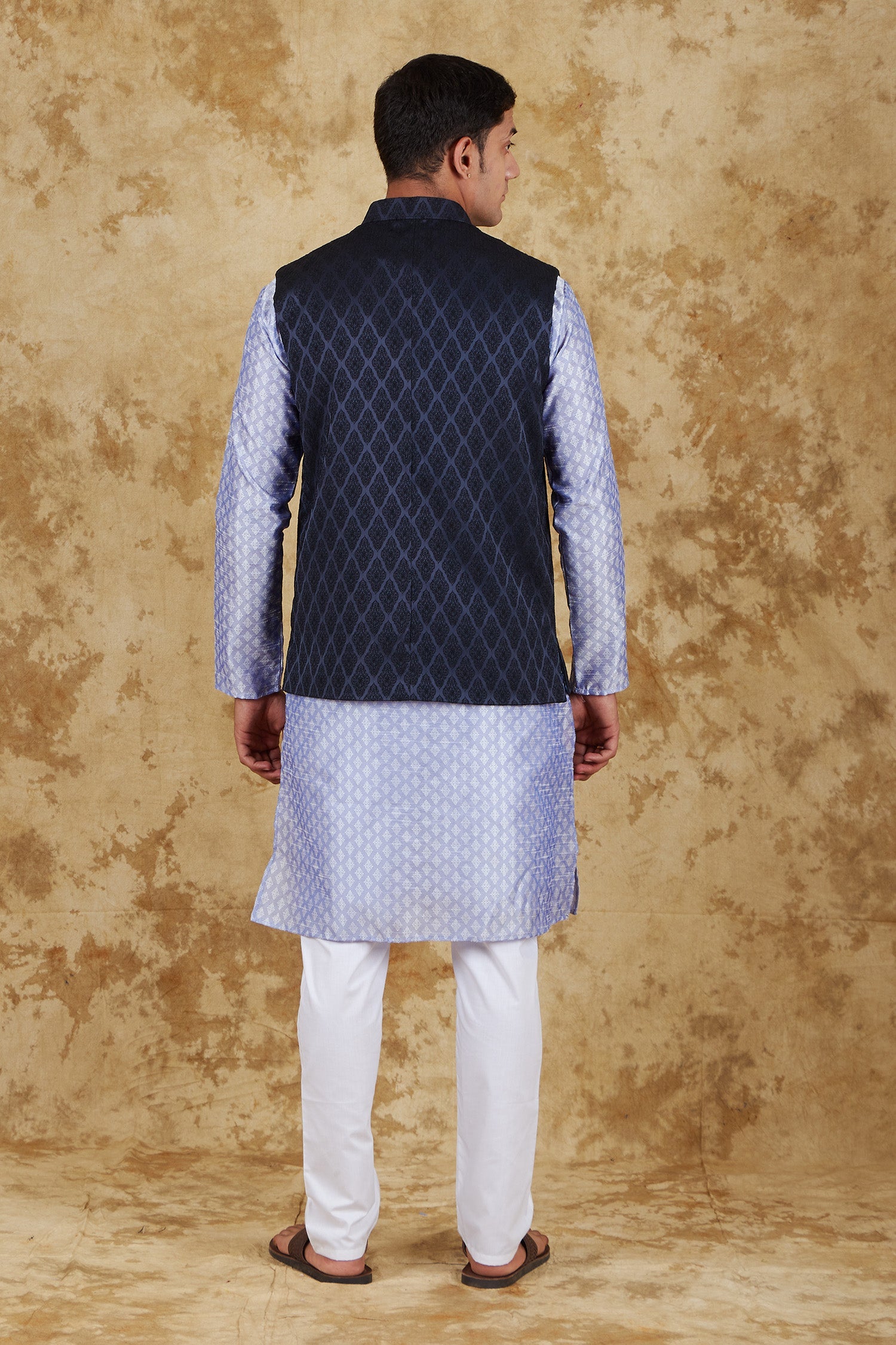 Bluesaanchi Men's Jacquard Prussian Blue Waistcoat Kurta Pajama Set | Swadesiicart