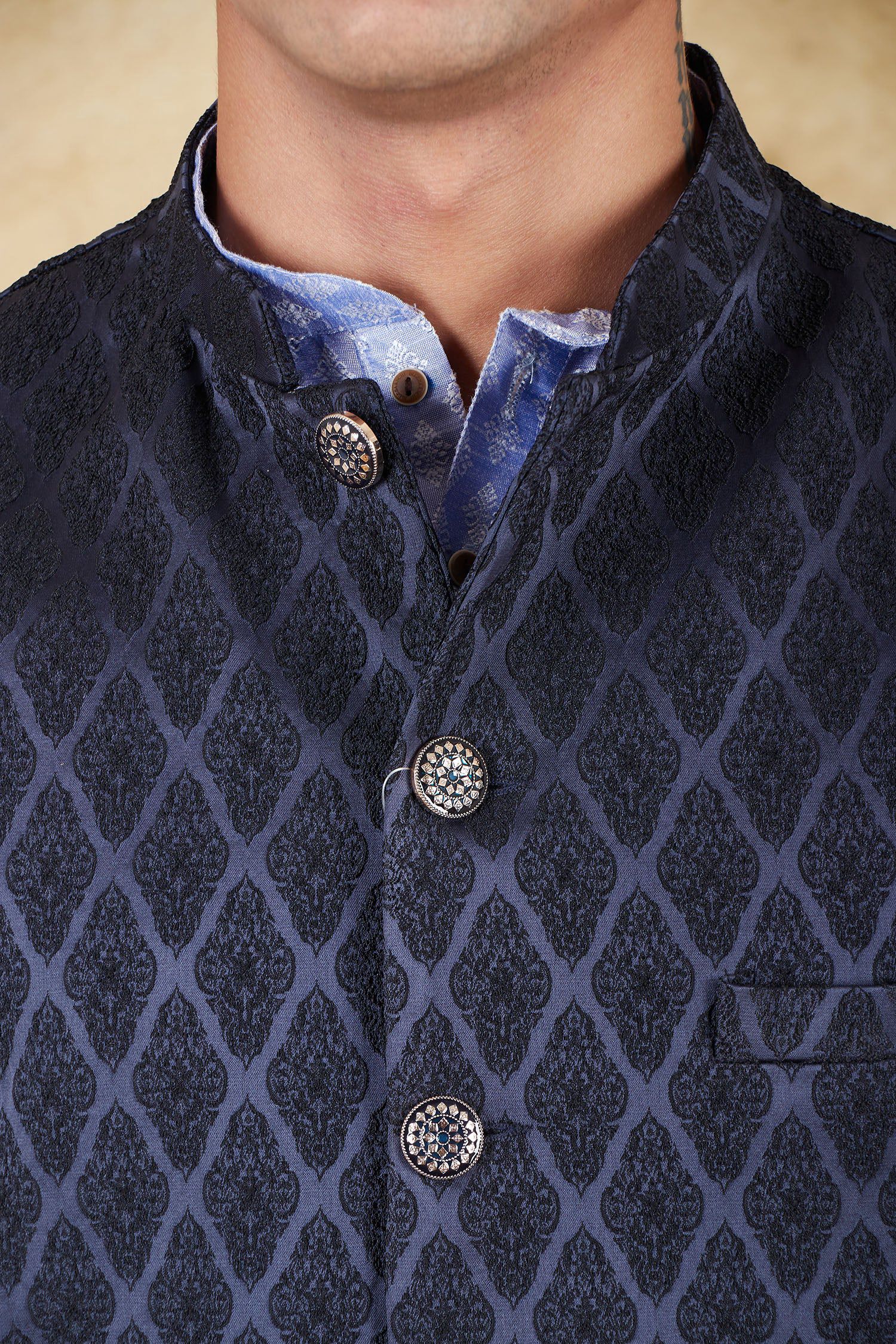 Bluesaanchi Men's Jacquard Prussian Blue Waistcoat Kurta Pajama Set | Swadesiicart