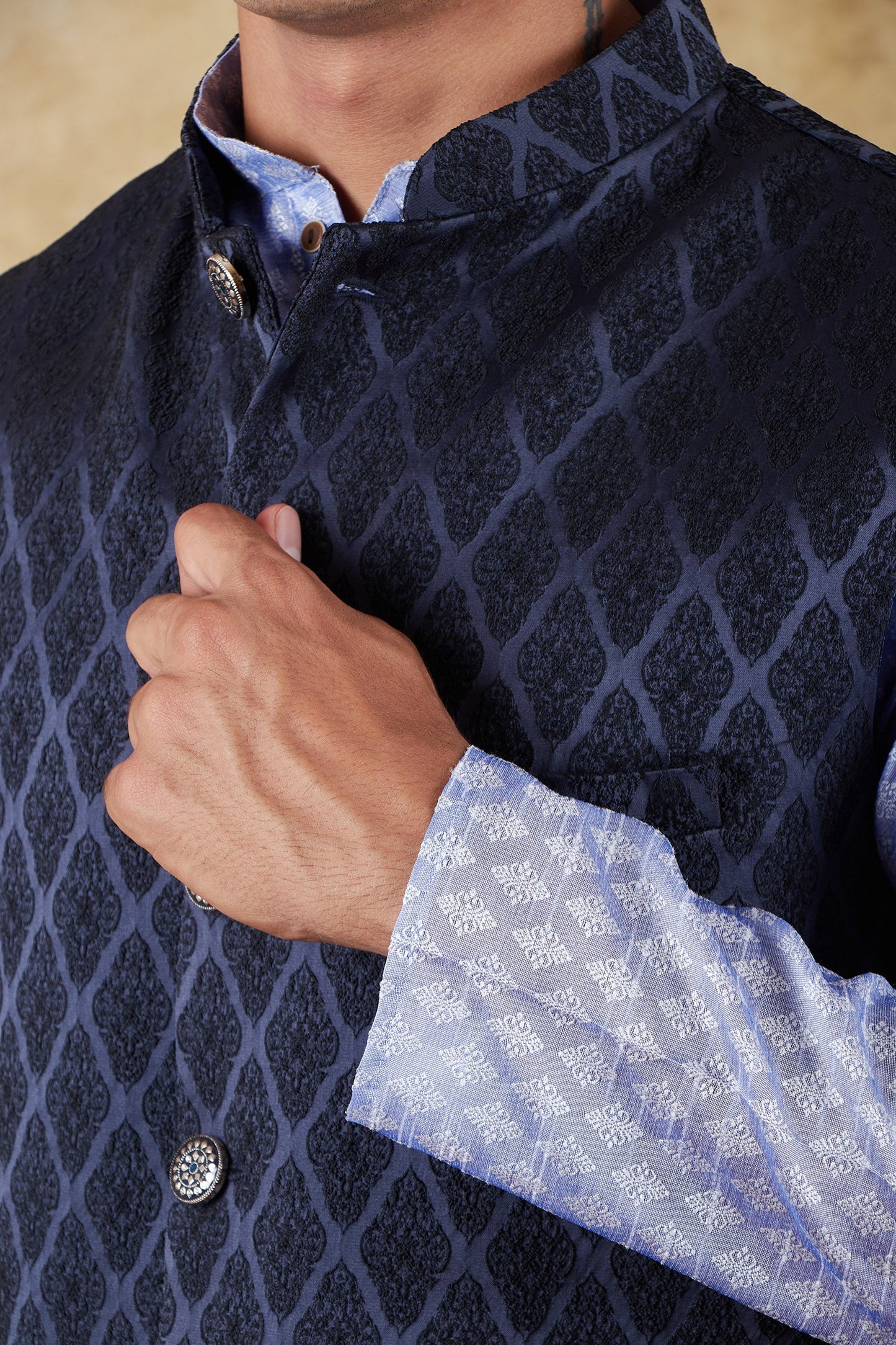 Bluesaanchi Men's Jacquard Prussian Blue Waistcoat Kurta Pajama Set | Swadesiicart