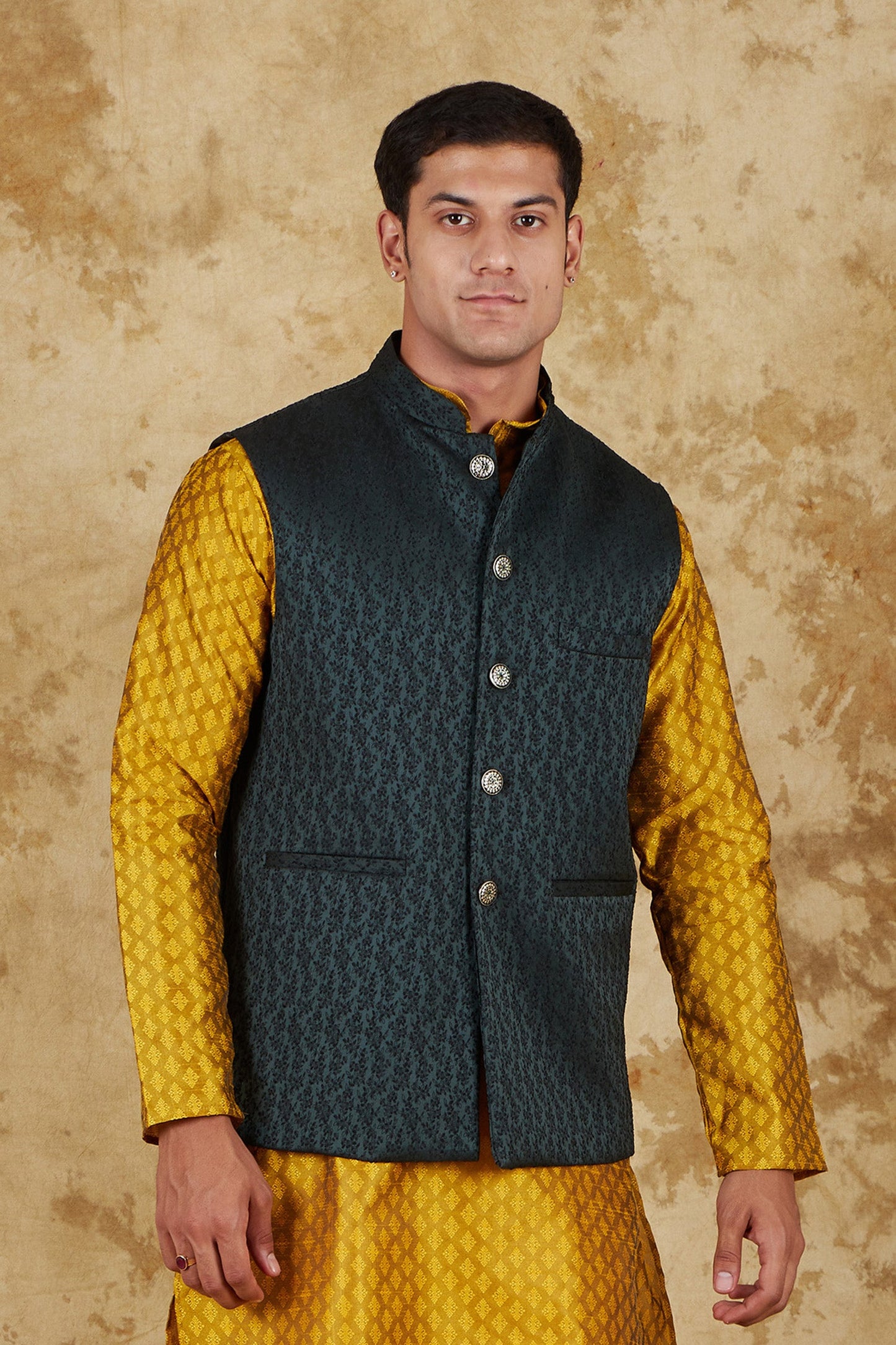 Bluesaanchi Men's Jacquard Brunswick Green Waistcoat | Swadesiicart