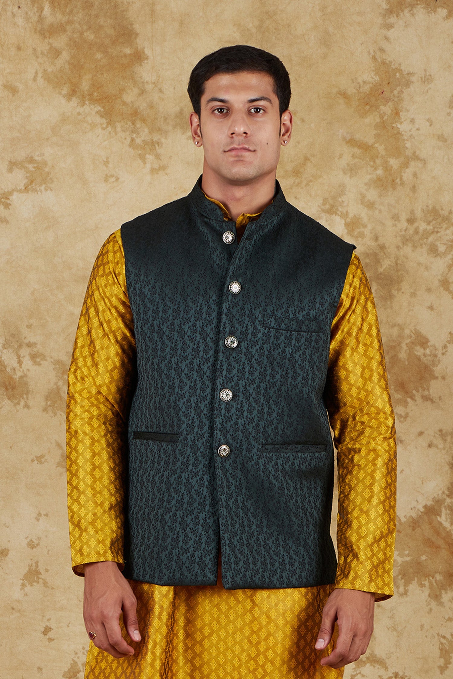 Bluesaanchi Men's Jacquard Brunswick Green Waistcoat | Swadesiicart
