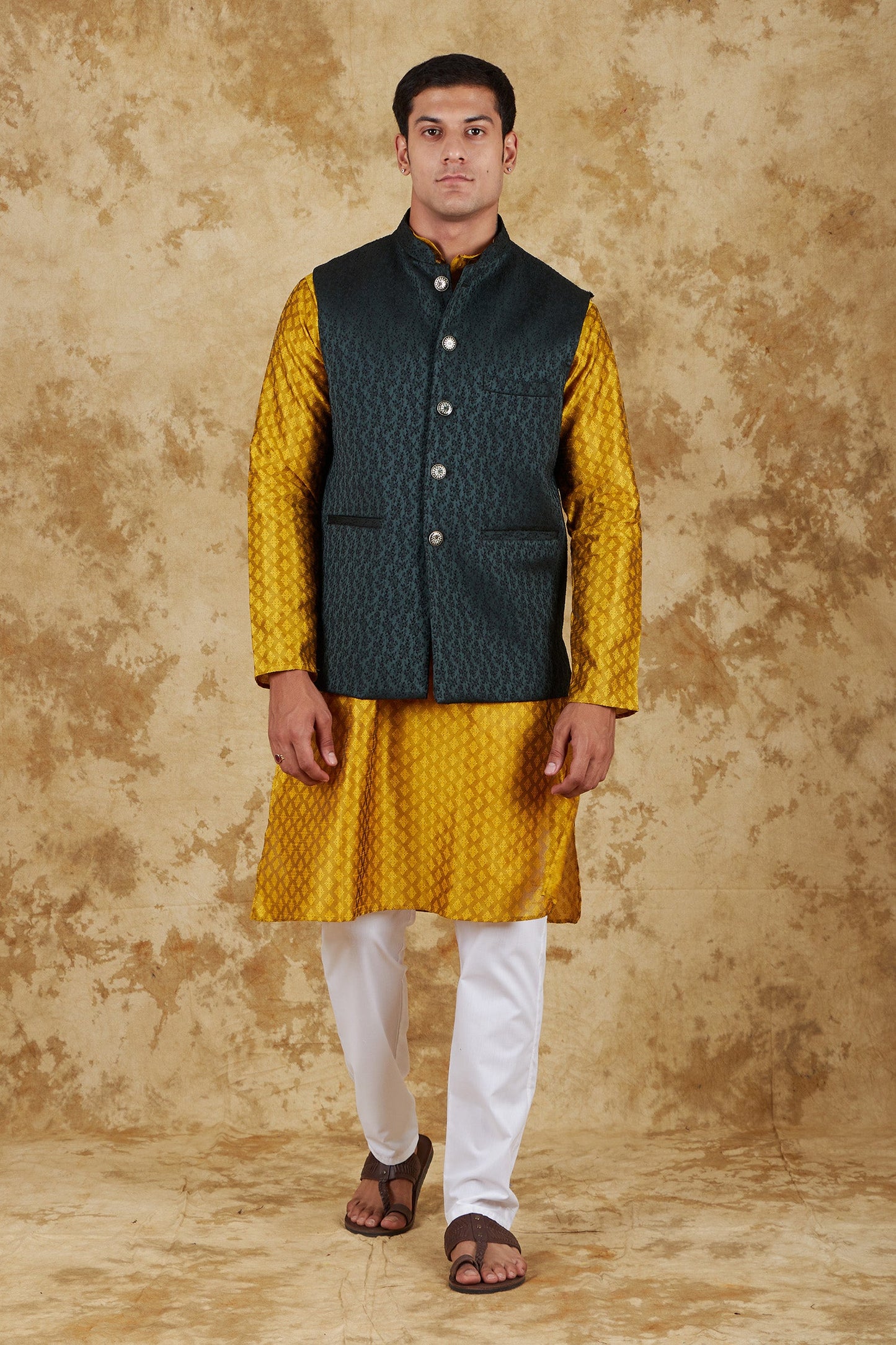 Bluesaanchi Men's Jacquard Brunswick Green Waistcoat Kurta Pajama Set | Swadesiicart