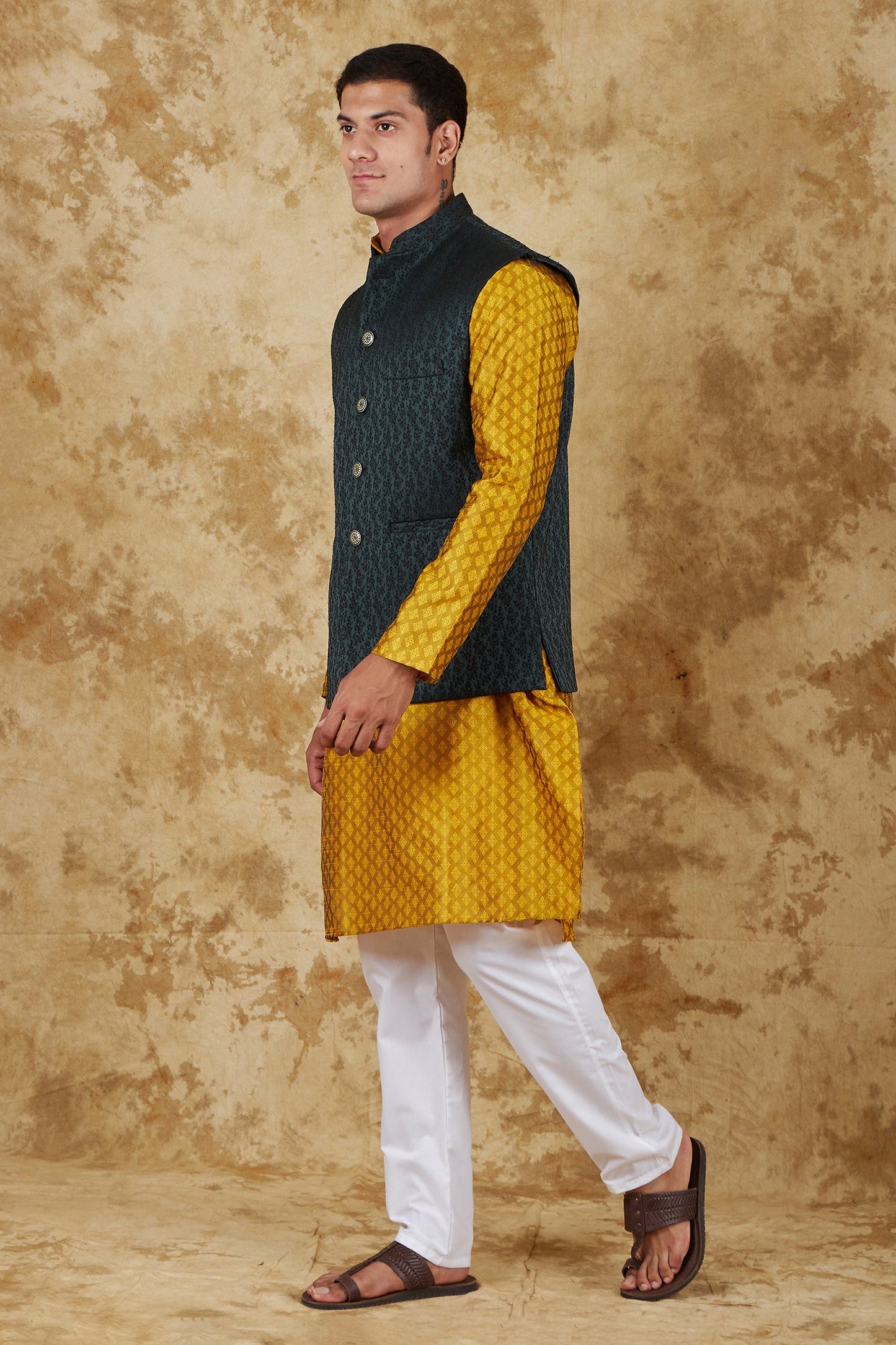 Bluesaanchi Men's Jacquard Brunswick Green Waistcoat Kurta Pajama Set | Swadesiicart
