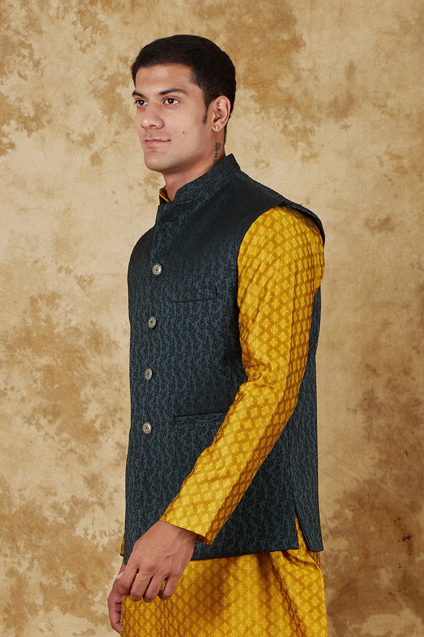Bluesaanchi Men's Jacquard Brunswick Green Waistcoat | Swadesiicart
