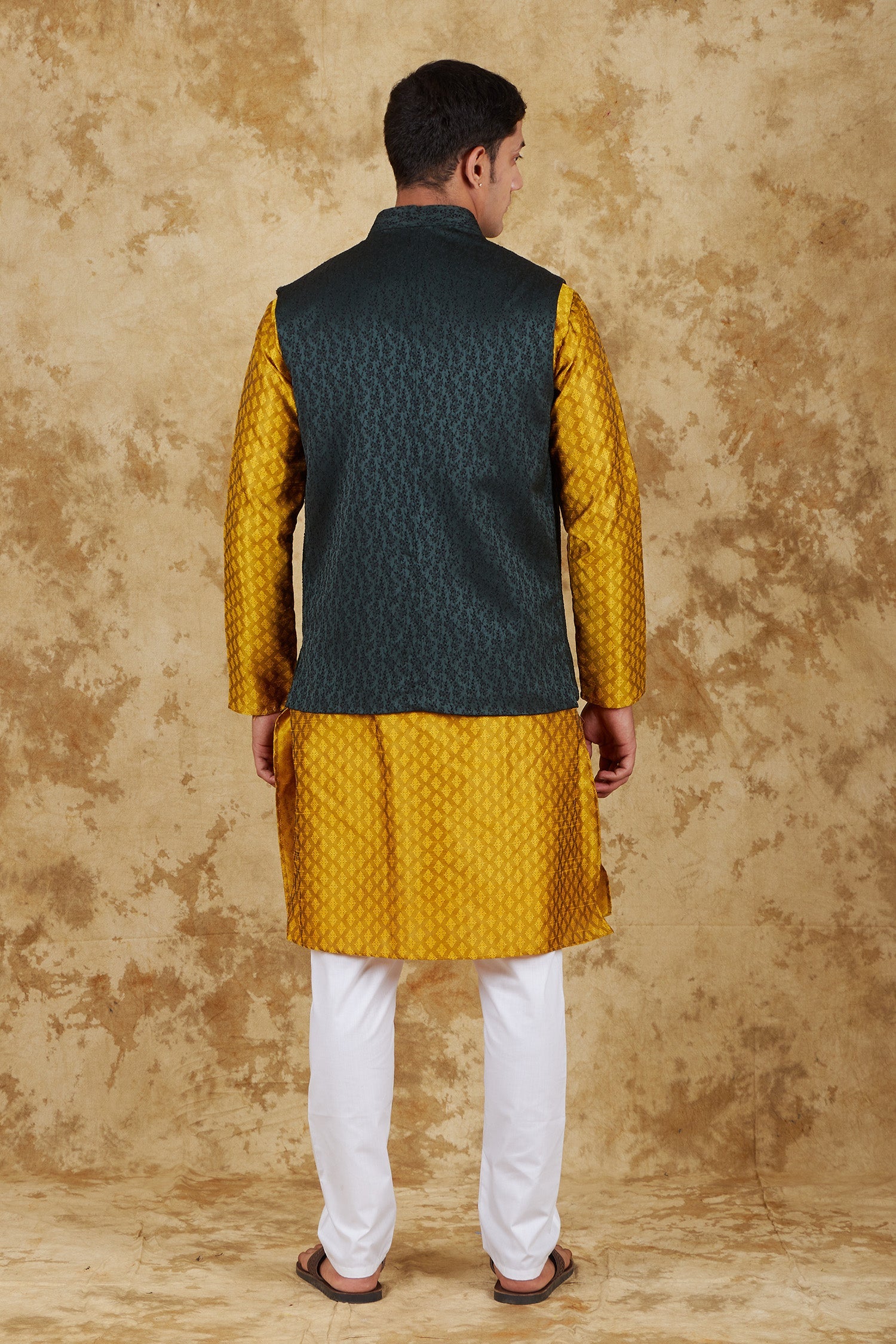 Bluesaanchi Men's Jacquard Brunswick Green Waistcoat Kurta Pajama Set | Swadesiicart