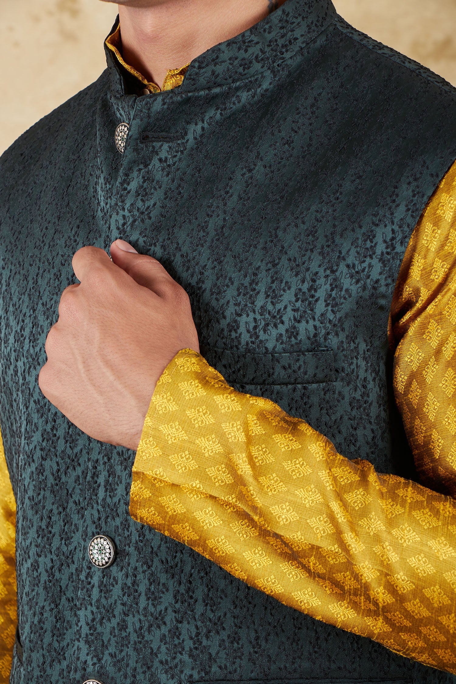 Bluesaanchi Men's Jacquard Brunswick Green Waistcoat Kurta Pajama Set | Swadesiicart