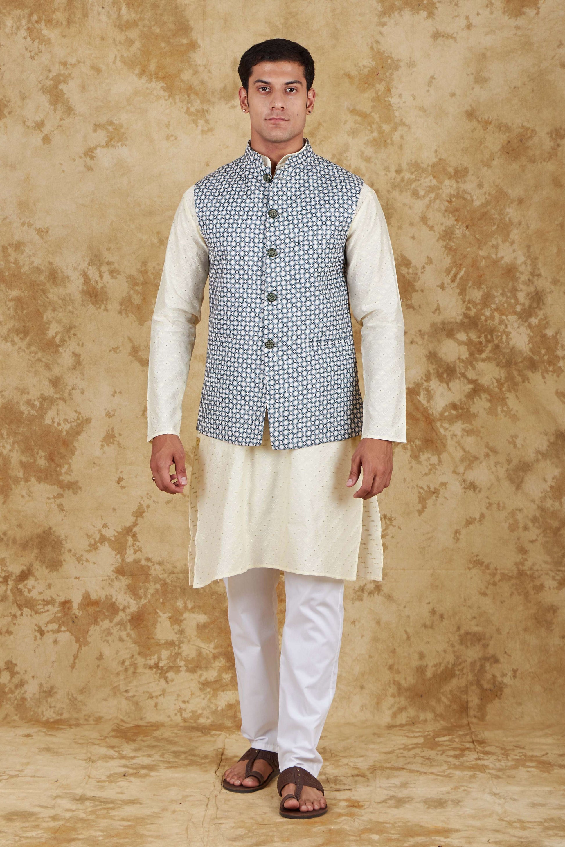 Bluesaanchi Men's Cream Waistcoat Kurta Pajama Set | Swadesiicart