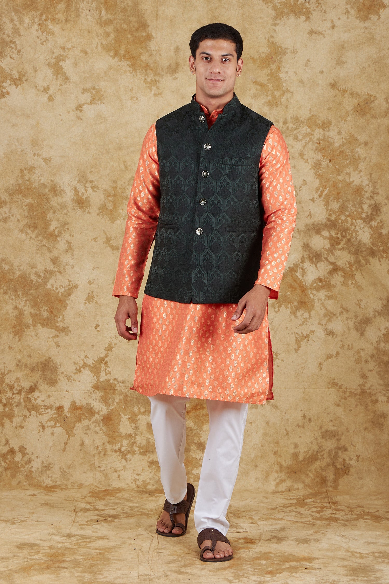 Bluesaanchi Men's Jacquard Orange Waistcoat Kurta Pajama Set | Swadesiicart
