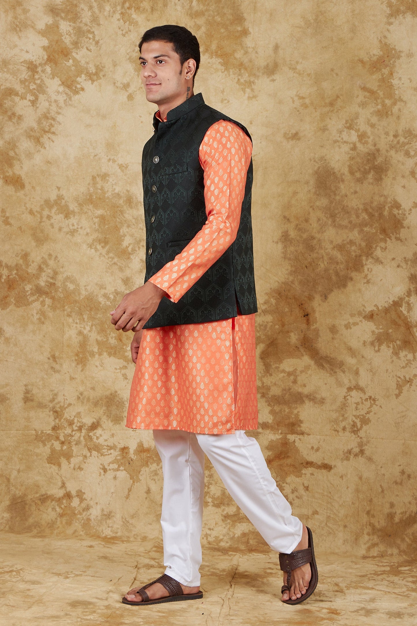 Bluesaanchi Men's Jacquard Orange Waistcoat Kurta Pajama Set | Swadesiicart