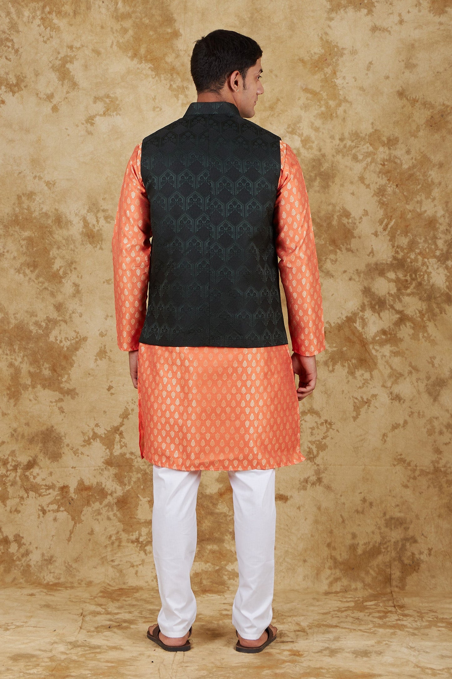 Bluesaanchi Men's Jacquard Orange Waistcoat Kurta Pajama Set | Swadesiicart