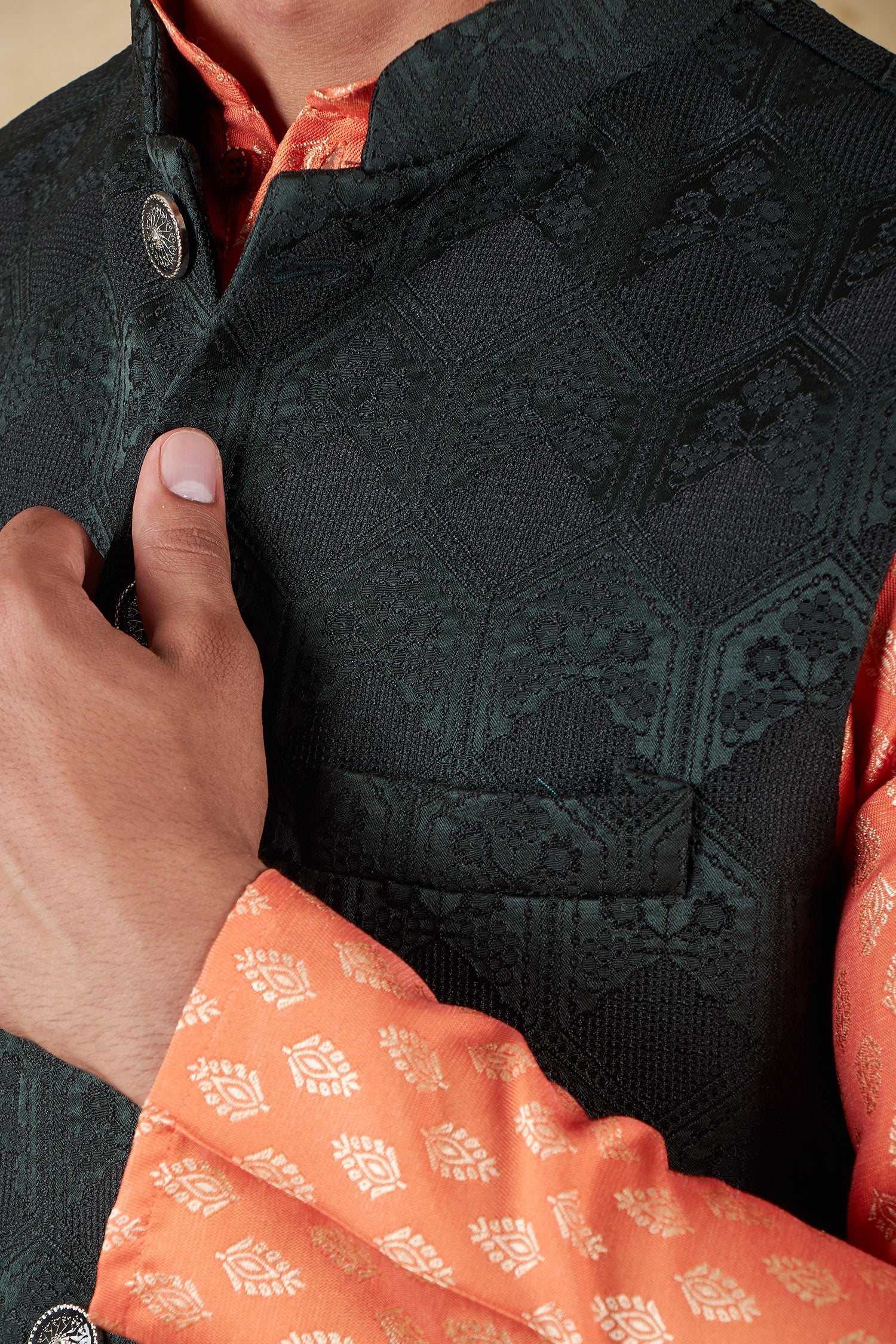 Bluesaanchi Men's Jacquard Orange Waistcoat Kurta Pajama Set | Swadesiicart