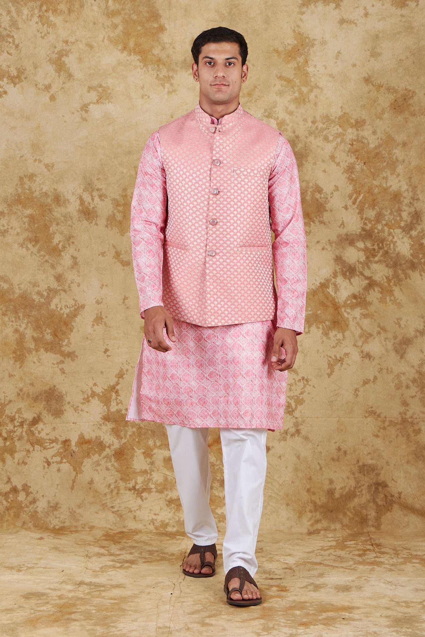 Bluesaanchi Men's Jacquard Pink Waistcoat Kurta Pajama Set | Swadesiicart