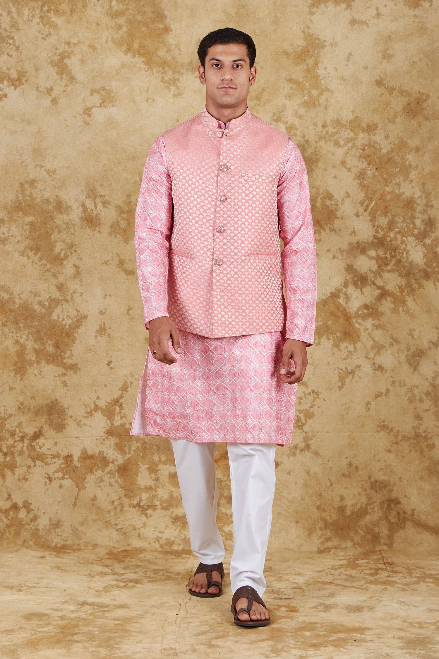 Bluesaanchi Men's Jacquard Pink Waistcoat Kurta Pajama Set | Swadesiicart