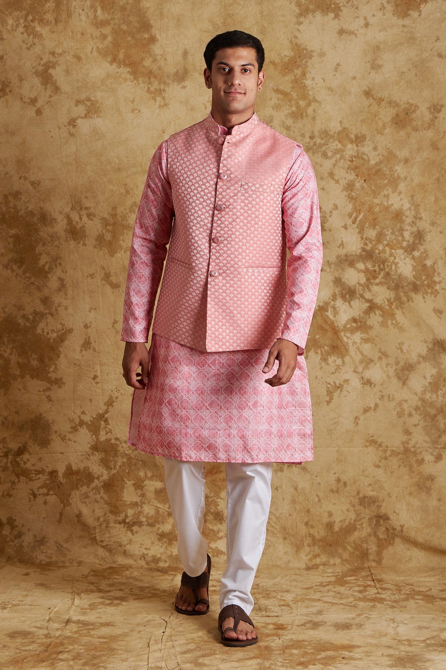 Bluesaanchi Men's Jacquard Pink Waistcoat Kurta Pajama Set | Swadesiicart